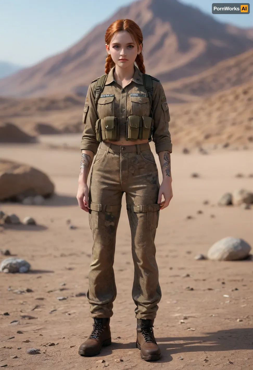 girl dressed in modern special forces military uniform and a tactical vest, camo pattern, Multicam, with a small tactical backpack, No patches or insignias, masterpiece, (girl dressed in modern special forces military uniform:1.6), (full body), no weapon, ginger hair, extremely attractive, wow factor, stunning, incredibly pretty, very sensual, model face, a perfect 10, beautiful, earrings, high resolution skin, 8k, 150mm, subsurface scattering, highly detailed eyes, ultra realistic skin, gorgeous face, hyperrealistic, facial muscles, nice stomach, athletic legs, posing, sweaty, vast desert landscape with soft dunes and distant mountains. muscular lower body, thick, french braids, 25 years old, Gritty hyperrealistic style, cinematic lighting, dark atmosphere. Color palette, black, ochre, dark green. Highly detailed, dramatic tension, no stylization, no cartoon, pale irish skin tone, tattoo, tanlines, sunburn, freckles, swedish