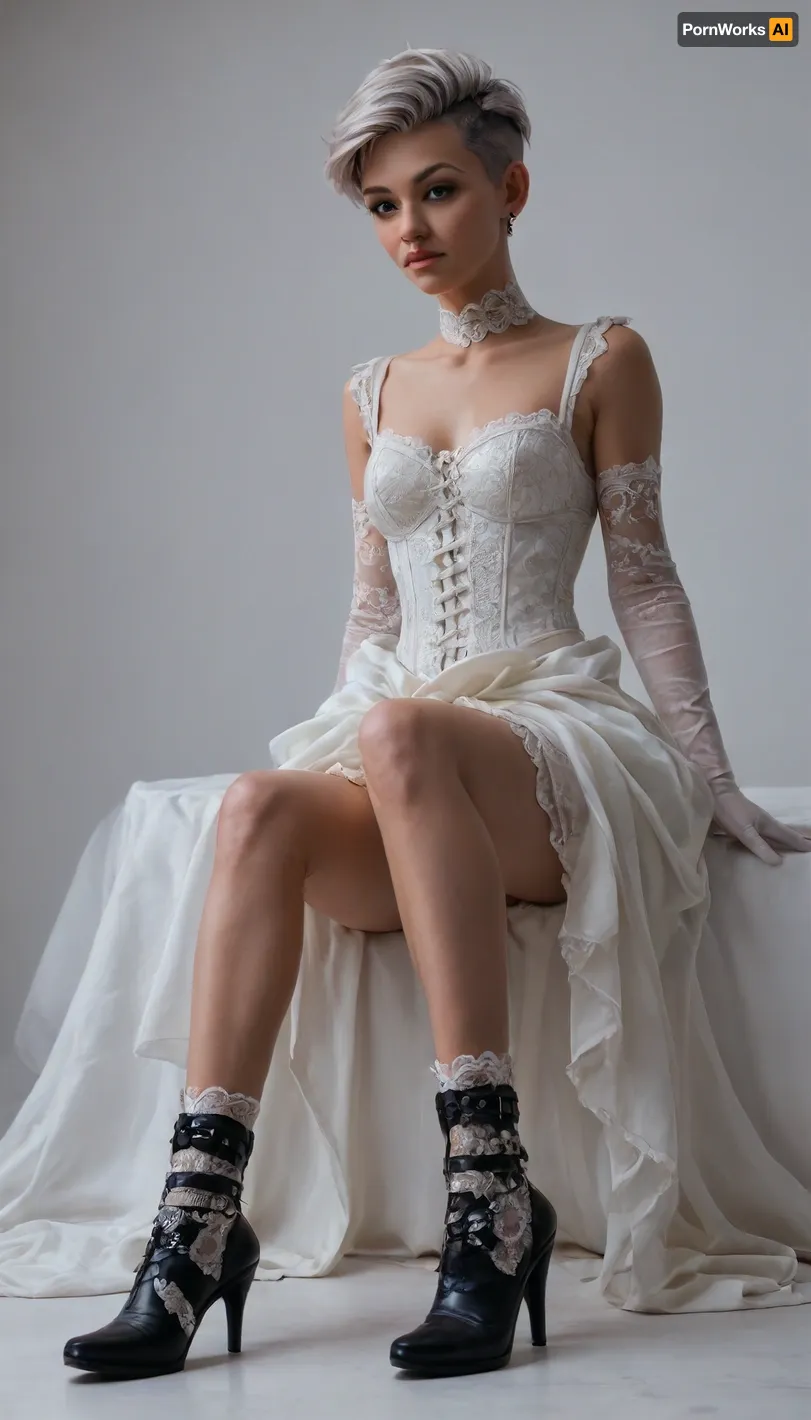 A girl in a Victorian-style velvet dress with a lace collar, a studded leather corset, and elbow-length gloves, bright white hair, (pixie haircut:1.6), (white lace up stiletto heeled ankle boots:1.7)