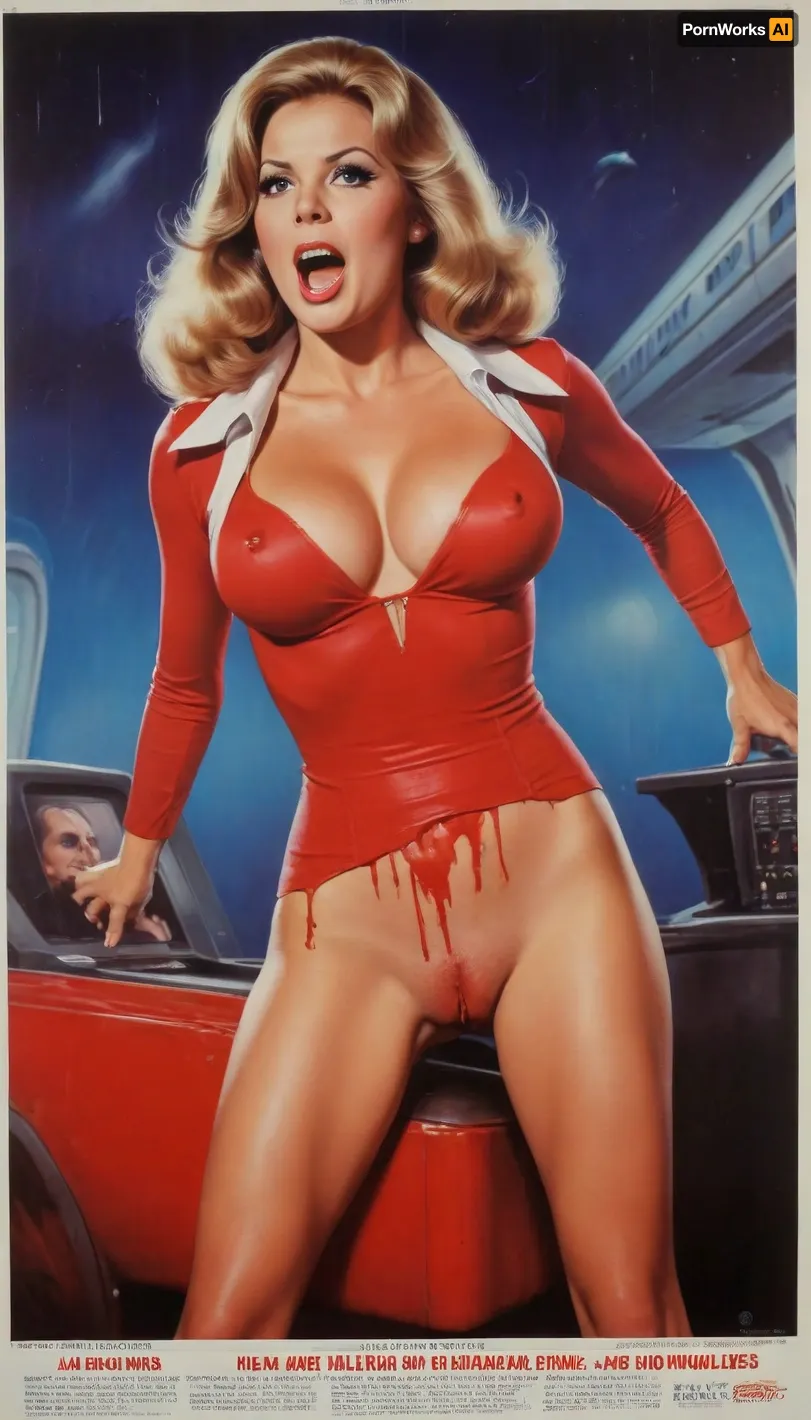 (((In the style of a 1970s horror movie poster))), poster for a movie called "Massacre at 35000 ft", wide_shot, wide shot, terrified stewardess in ripped stewardess uniform, (((cleavage))), (((screaming))), (terrified, scared, running in fear, look of terror), (night, nighttime, midnight, moonlight), (empty 747, airliner), (long angle lens, longshot, wide_shot, 18_MM, film, grainy), wavy_feathered_hair, slender, athletic, large breasts, natural breasts, saggy breasts, long legs, toned legs, smears of red_paint on her body and clothes, erotic, scary, horror, dirty, smutty, Movie, Poster, page, <lora:Movie Poster:.8>