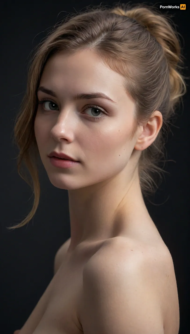 masterpiece, best quality, (ultra-detailed photorealistic nude study of a stunning young woman:1.3), (feminine beauty in profile), (sense of vulnerability, intimacy, soft shy smile, uncertain expression, bashful), (flawless pale alabaster skin:1.1), (), minimalist composition, sharp focus on eyes and makeup details, textured dark charcoal grey studio background, subtle vignette, (dramatic cinematic lighting:1.2), strong key light illuminating the face, soft rim light creating separation, deep contrasting shadows, shot on Sony A7R IV with 85mm f/1.4 lens, shallow depth of field, bokeh background, professional color grading, RAW photo quality, 8k UHD, insanely detailed, intricate details, award-winning photography, striking visual contrast