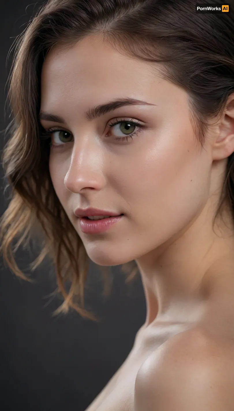 masterpiece, best quality, (ultra-detailed photorealistic nude study of a stunning young woman:1.3), (feminine beauty in profile), (sense of vulnerability, intimacy, soft shy smile, uncertain expression, bashful:1.5), (flawless pale alabaster skin:1.1), (long inky black hair with warm undertones, long hair hanging in loose waves, loose strands of hair falling across her face), minimalist composition, sharp focus on eyes and makeup details, textured dark charcoal grey studio background, subtle vignette, (dramatic cinematic lighting:1.2), strong key light illuminating the face, soft rim light creating separation, deep contrasting shadows, shot on Sony A7R IV with 85mm f/1.4 lens, shallow depth of field, bokeh background, professional color grading, RAW photo quality, 8k UHD, insanely detailed, intricate details, award-winning photography, striking visual contrast