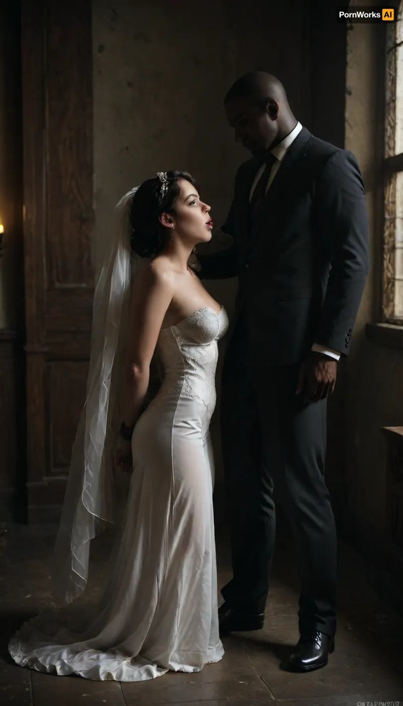 interracial, black skin man.
A modern, side view, professional bridal full body image of an Iranian bride with a slightly curvy figure, raven black hair, wearing a luxurious white wedding dress with Persian-inspired embroidery, standing in soft natural light near a window. Her makeup is elegant and traditional with a modern touch. She wears delicate gold jewelry and a sheer veil with lace edges. The background is minimalistic and bright, blowjob for big black panis, deep throated big black penis, with soft-focus floral elements., ((there is a huge giant black skin muscular man in a suit standing near the bride)), The composition highlights her natural beauty and confidence, with a soft glow and cinematic style lighting. Captured with a shallow depth of field and high resolution., upside, down, one, face, rope, black, tape, bondage, <lora:face_upsidedown:1>, <lora:bdsm_SDXL_1_:1>, <lora:dAIversityUnderstandingXLRealistic:.7>, <lora:dark:.5>, BadX, <lora:Cross_Dress:.8>