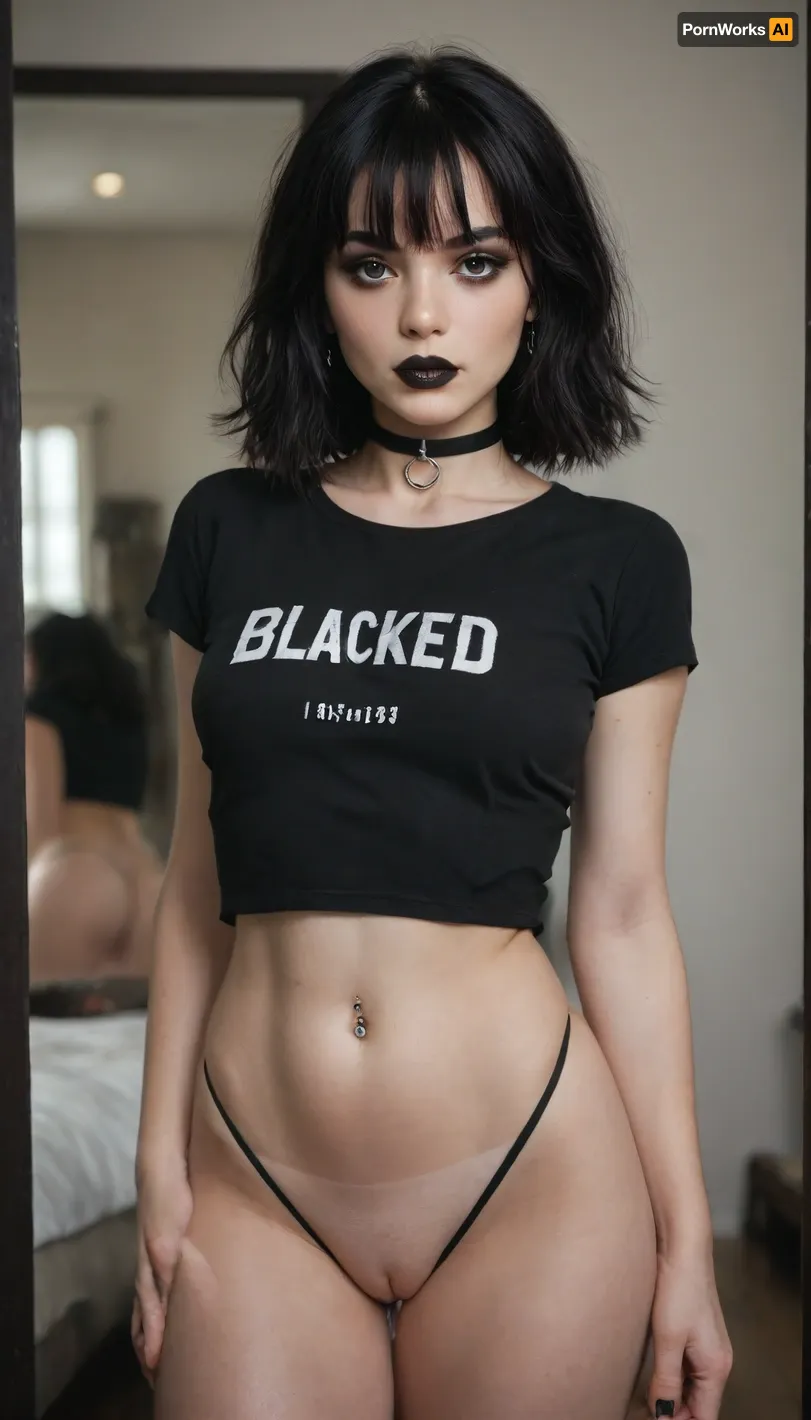 score_9, score_8_up, score_7_up, score_6_up, 1girl, gothic, goth, pale skin, (pale skin), dark black eyes, (black hair), bangs hair, black eyeliner, (black lipstick), white skin, black choker, navel piercing, pierced nipple, one arm up, infront of mirror, bedroom, tan lines, extreme snatched waist, pencil waist, wide hips, hour glass body, perfect ass, black waist high thong, blacked branded tight fitting t shirt, dripping pussy, wet pussy, pussy juice