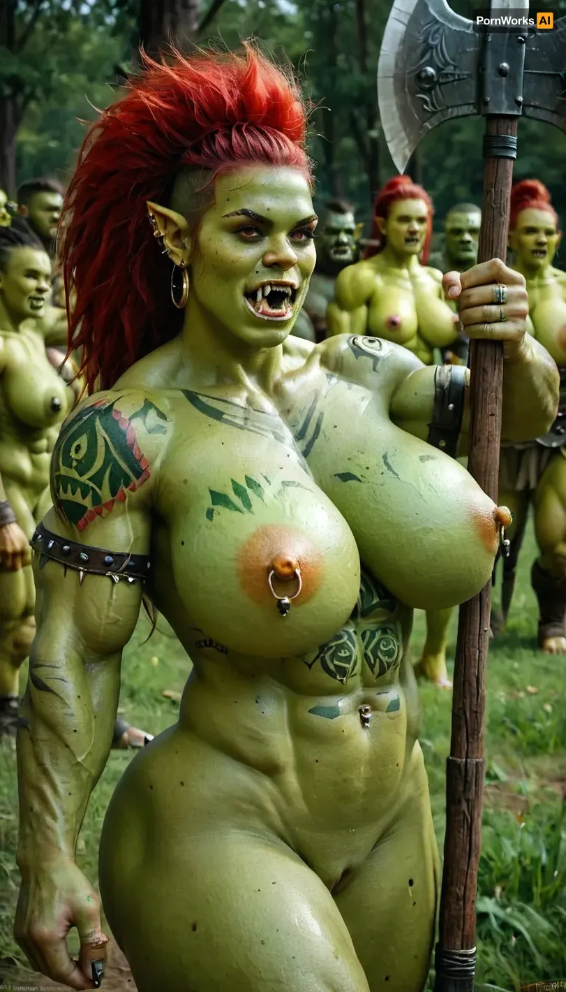 Uber realistic, 8k, ultra detailed, masterpiece, female warrior orc, naked, ((((very green skin))), muscular, huge natural breasts, very long red hairs, in a battle field, huge axe in her hand, pierced nipples, fangs out, orc fangs, sexy orc face, bigs golden nipples rings, a lot of piercings, pierced clitoris, a lot of orcish tattoos, naked, oily skin, big pussy, piercing, ring, Orc, Shaman, (Orc girl:1.3), (orc face:1.3), (green skin:1.6), axe, and, shield), <lora:crowd_notrigger:.5>, piercing, ring, <lora:nippleRing:.5>