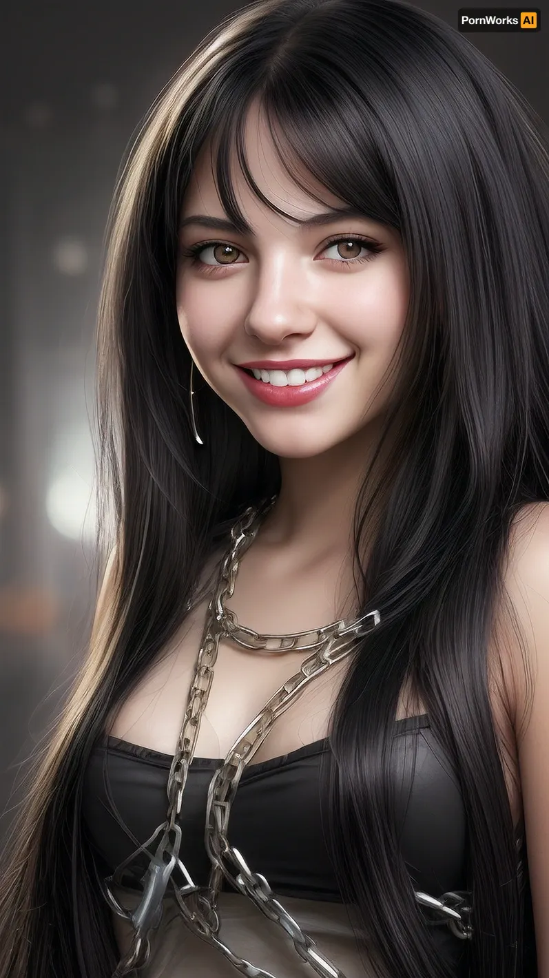 1girl, portrait, black hair, long hair, grin, black eyes, lips, looking at viewer, solo, chain, realistic, blurry, photorealistic, simple background, smile, nose, teeth