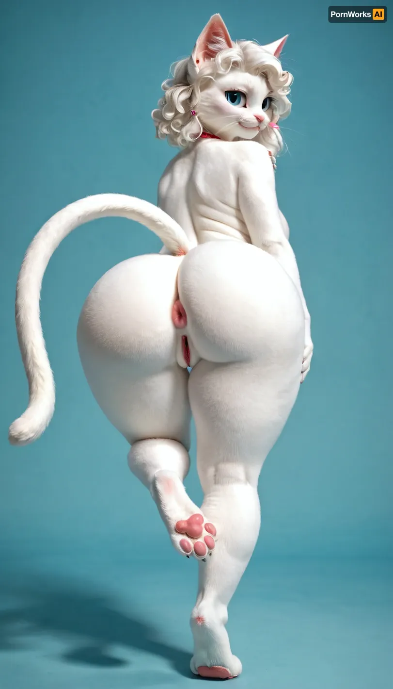 ((anthro white cat, female anthro white cat:1)), solo, huge ass, sexy cat girl, tall huge hips, thick fur, long cat tail, looking back over shoulder at viewer, (showing cute little kitty paws), cute puffy asshole, standing with one leg up, <lora:early621-000002:.9>, <lora:aniv3de:.5>, <lora:Fur:.8>