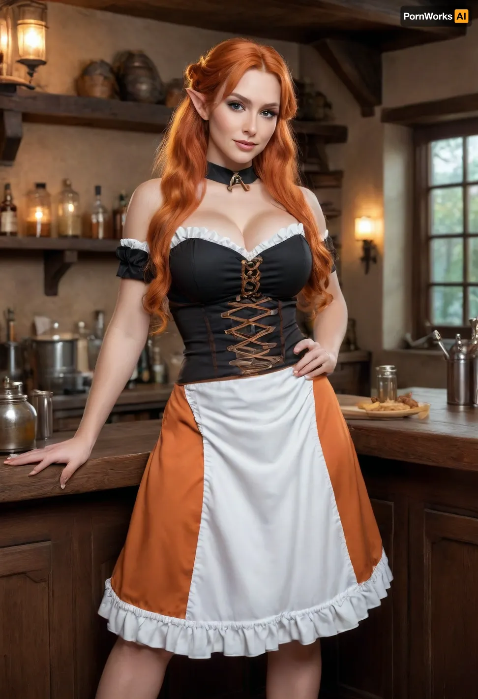 Full body, Elica Honkers, extremely large breasts, extremely large ass, extremely large hips, extremely thin waist, extreme hourglass figure, top heavy, bottom heavy, front heavy, back heavy, bimbo body, elf woman, super long pointy ears, long wavy orange hair, muscular, toned, no makeup, ruffled black dress, white apron, barmaid, tavern, medieval fantasy inn, maid aesthetic