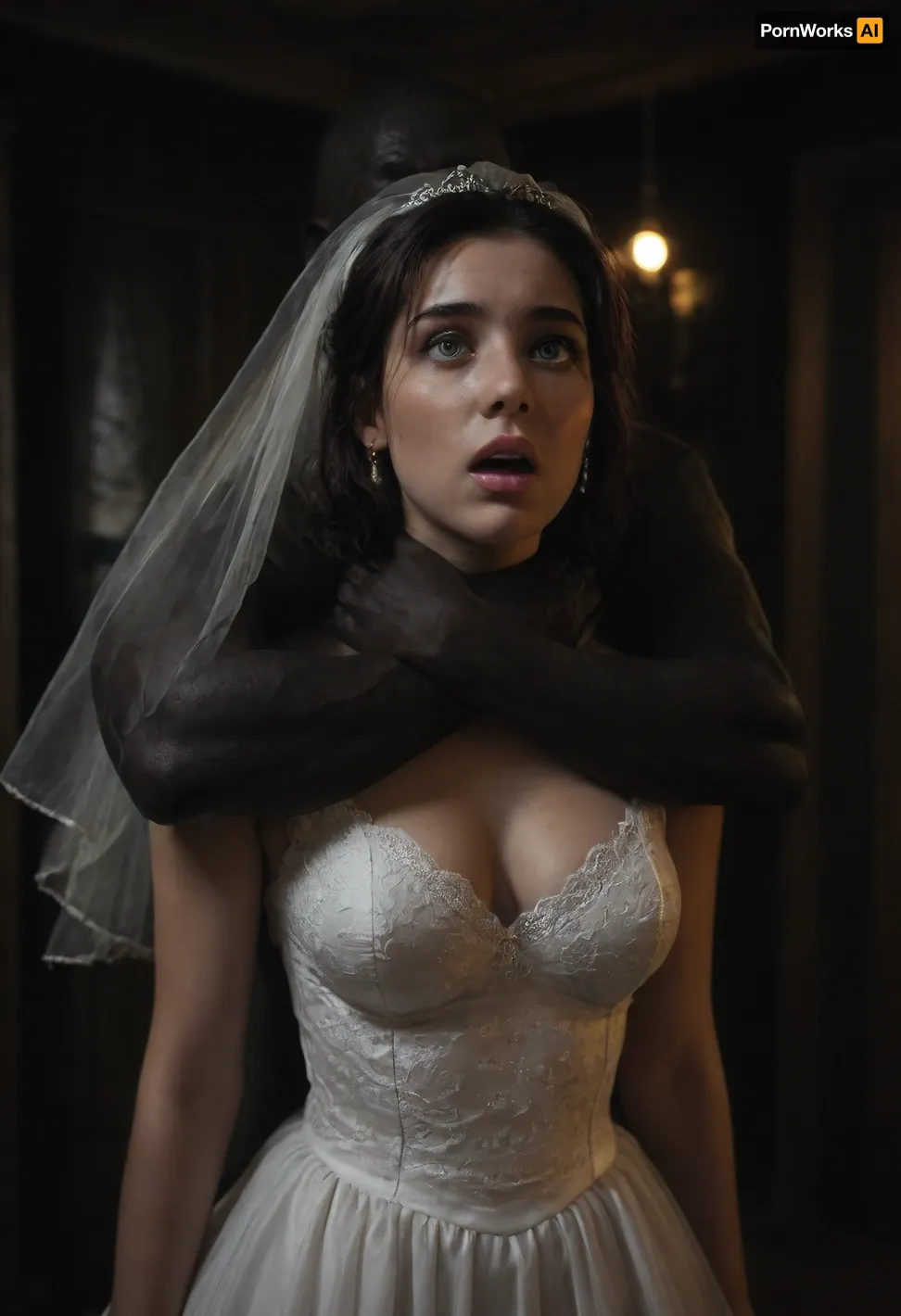 interracial, Persian plump bride, Innocent face, dark room, black walls, black curtains, hardcore, no electricity, no light, dark night, moonlight rays, blue shade light, ambient lighting, night, bent forward, huge black brutes fucking the bride in full nelson position, wedding dress, huge size naked black brute, black hand chokng the bride, hold bride's neck, choke, orgasm., glowingdust, Secret photo, peeping, betrayal, candid photo, 70-200 mm lens, bokeh, PEOPShockedFace, shocked, face, popping, out, mouth, open, anime, cartoon, Rainbowiridal, Spiral, rainbowiridal, eyes, palette, Shiny..., Bright..., Intense, gaze, Fire, dragon, Amber, cat, Anthro..., woman, Genetically, modified..., <lora:dark:.5>, <lora:hinaMaybeBetterPoseXL_v5-NoobAI:1>, <lora:PE_OP_ShockedFaceMeme:1>, <lora:Stunning_eyes_2:.8>