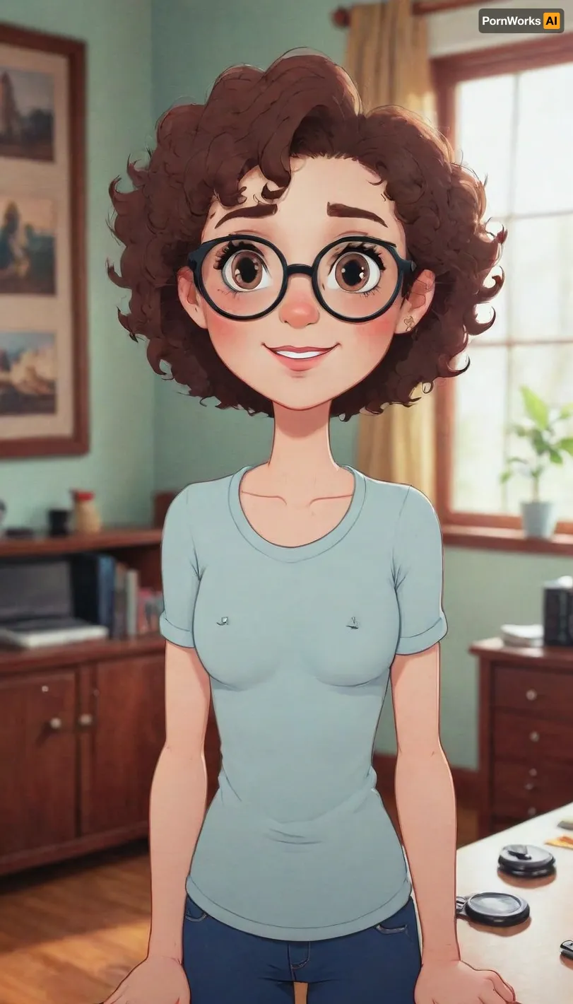 PEOldCartoonStyle, flat Cartoon, <lora:PE_OldCartoonStyle:.8>, Skinny short woman, small tits, curly hair, glasses, piercing, <lora:nipplePiercing-v1:.8>