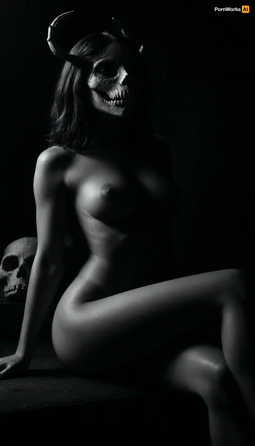 (masterpiece, best quality, photorealistic), ((monochrome:1.6)), ((black and white only:1.5)), darkened ritual chamber or empty stone interior, soft underglow lighting nude woman seated or reclining on hard surface, ((legs fully parted in confidence:1.8)), inner thighs and folds softly exposed in contrast light, ((body flawless, erotic, reverent:1.8)), — smooth skin, tidy bush, full breasts, narrow waist, soft curve of belly, moisture visible between parted folds, ((wearing primal animal skull mask:1.9)), — bone texture, elongated snout or antlers, eye sockets empty, face fully concealed light source low, illuminating her sex, hips, and chest — face shadowed, mask dominant in silhouette camera low and frontal, focus centered between thighs, mask blurred or framed above — **body revealed, identity hidden** atmosphere sacred, ancient, deeply erotic — **she is not woman. She is offering**, <lora:ral-chrosc-bw:1.2>, <lora:dark:.7>