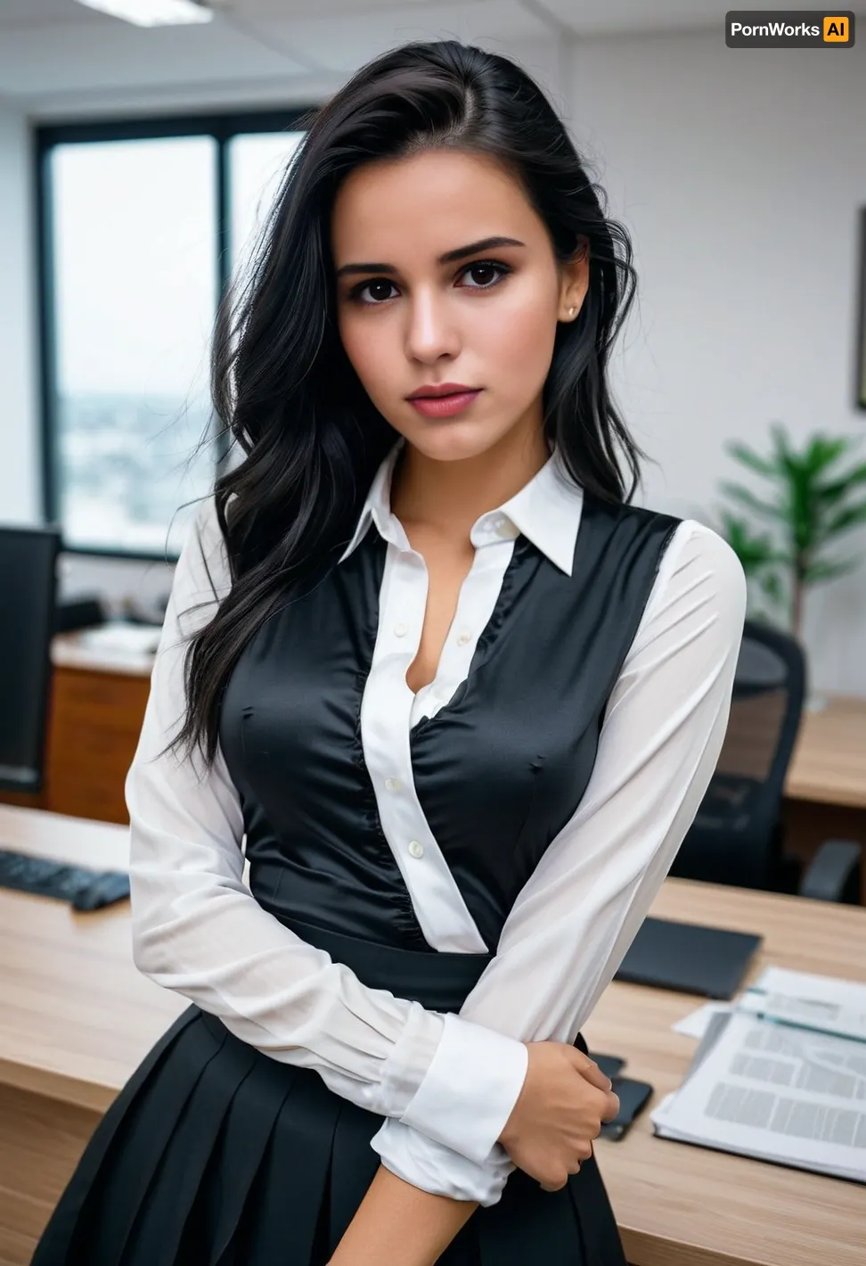 sexyselfie, selfie of woman, 1girl, highly detailed, high quality, masterpiece, (an woman with black hair, white shirt and black skirt in office), award winning photo, nikon RAW photo, 8k, Fujifilm XT3, best quality, realistic, photorealistic, ultra detailed, raw photo, <lora:sexyselfie:.9>