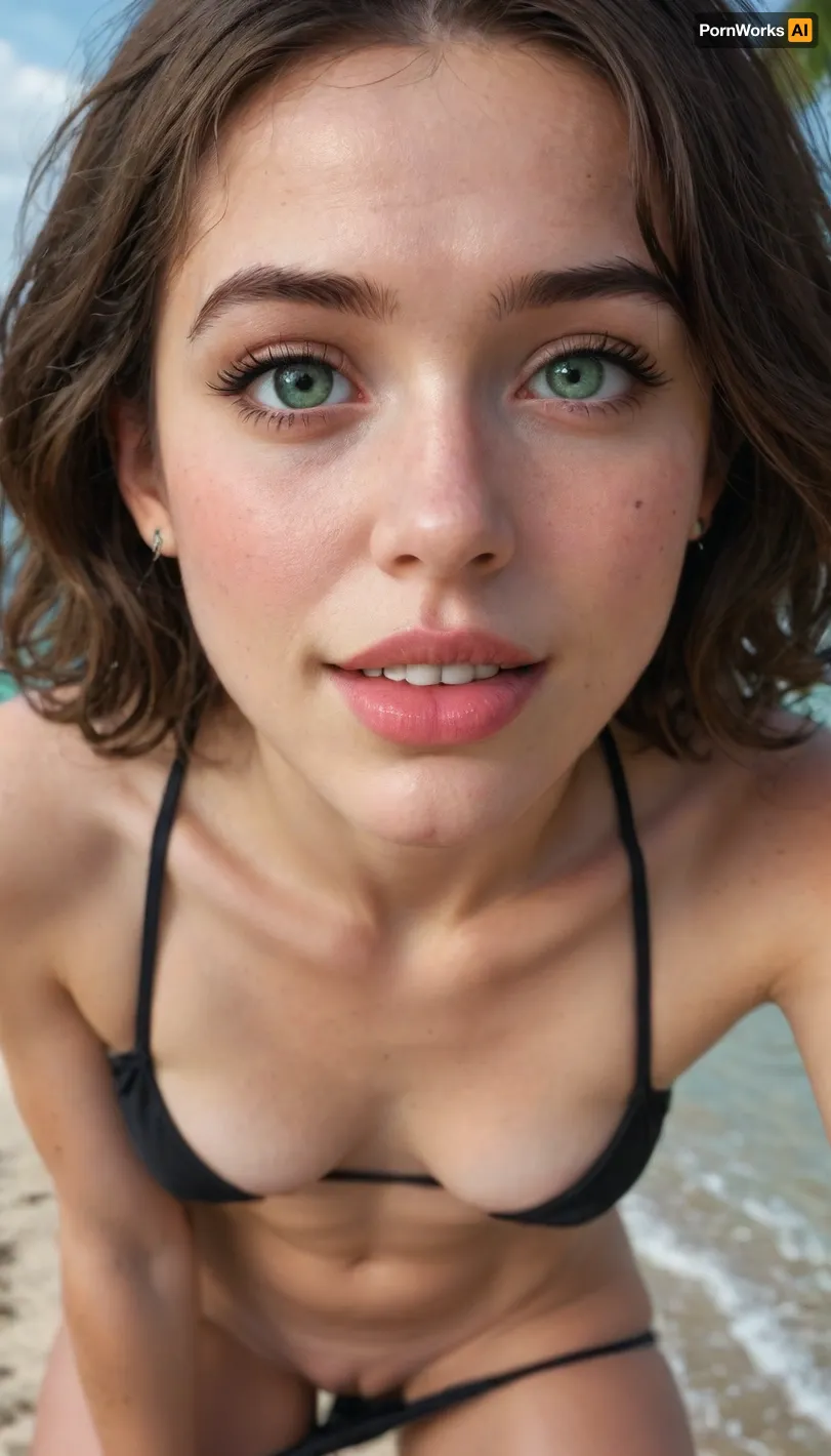 ((hdr)), photographic, ((close up view from behind of a standing French woman from above)), (view is looking straight down, (including her face and pussy)), (gorgeous young woman), adoring face upturned toward the viewer, (much shorter than the viewer), highly detailed face, realistic face, green eyes, short brunette hair, flawless skin, (black bikini), ((black panties pulled away from her body and revealing her pussy)), (pussy view from above), (looking lovingly at the viewer), focus on face, (laughing), tongue, ((small size breast)), (legs slightly out of focus, (perfect innie pussy)), horny, perfect skin, tropical beach, sunset