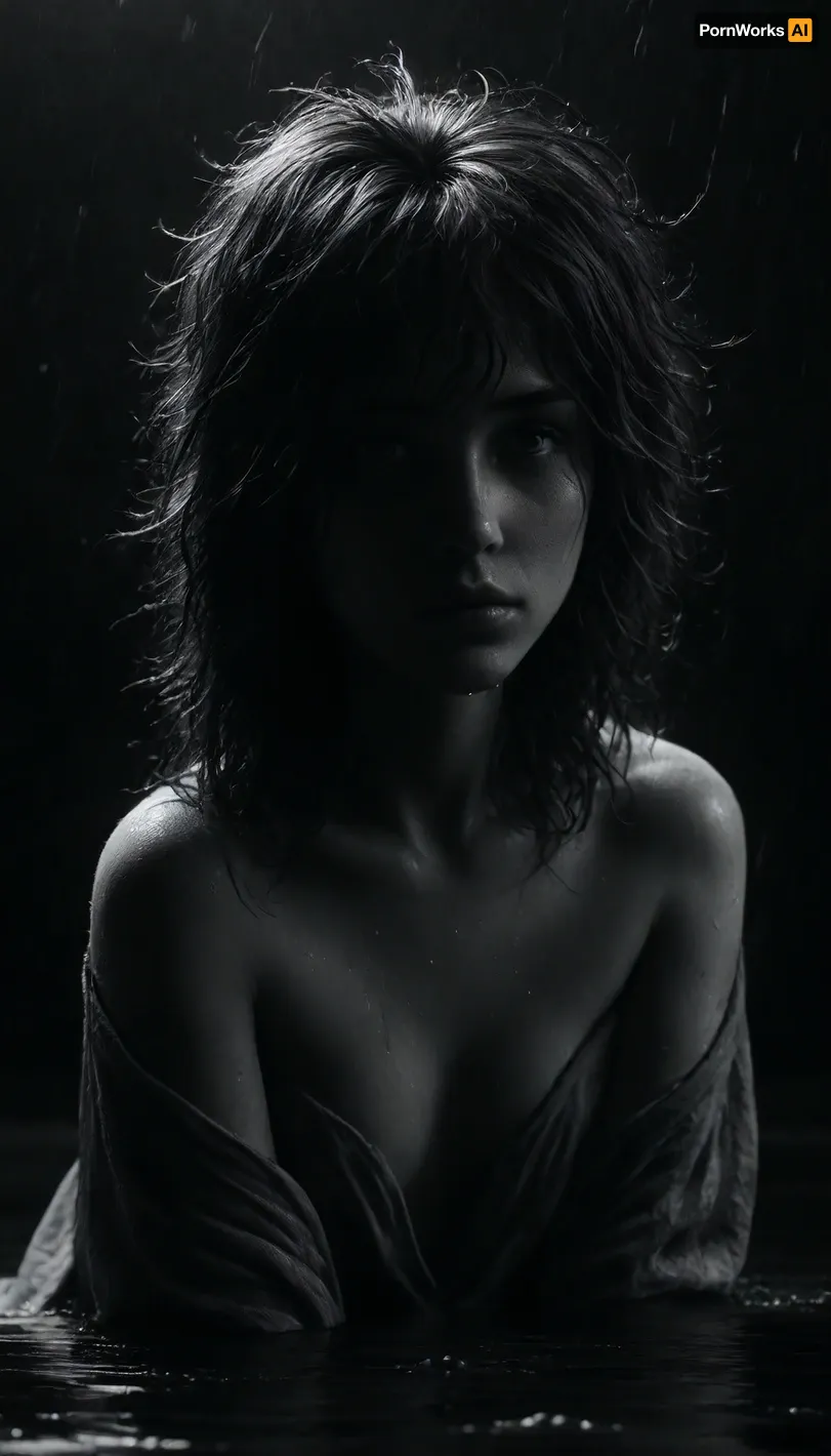 (masterpiece, best quality, photorealistic), (black and white only:2), (soft diffused lighting:1.4), (humid slick surfaces:1.4), (moody ambient glow:1.5), (slow breathing:1.5), a gorgeous naked woman standing alone in a monochrome storm, ((soaked completely in endless falling rain:1.7)), ((water dripping in thick strands from her messy hair, sliding down her bare skin:1.6)), ((head tilted slightly downward, arms limp at her sides:1.5)), body glistening, breath heavy and visible in the cold air, ((eyes open but distant, as if watching something vanish inside herself:1.7)), thighs pressed together gently, chest rising slowly with each breath, raindrops clinging to every curve and hollow of her body, atmosphere sacred, melancholic, inevitable, like a soul dissolving into the night, <lora:dark:.4>, <lora:ral-chrosc-bw:1.6>