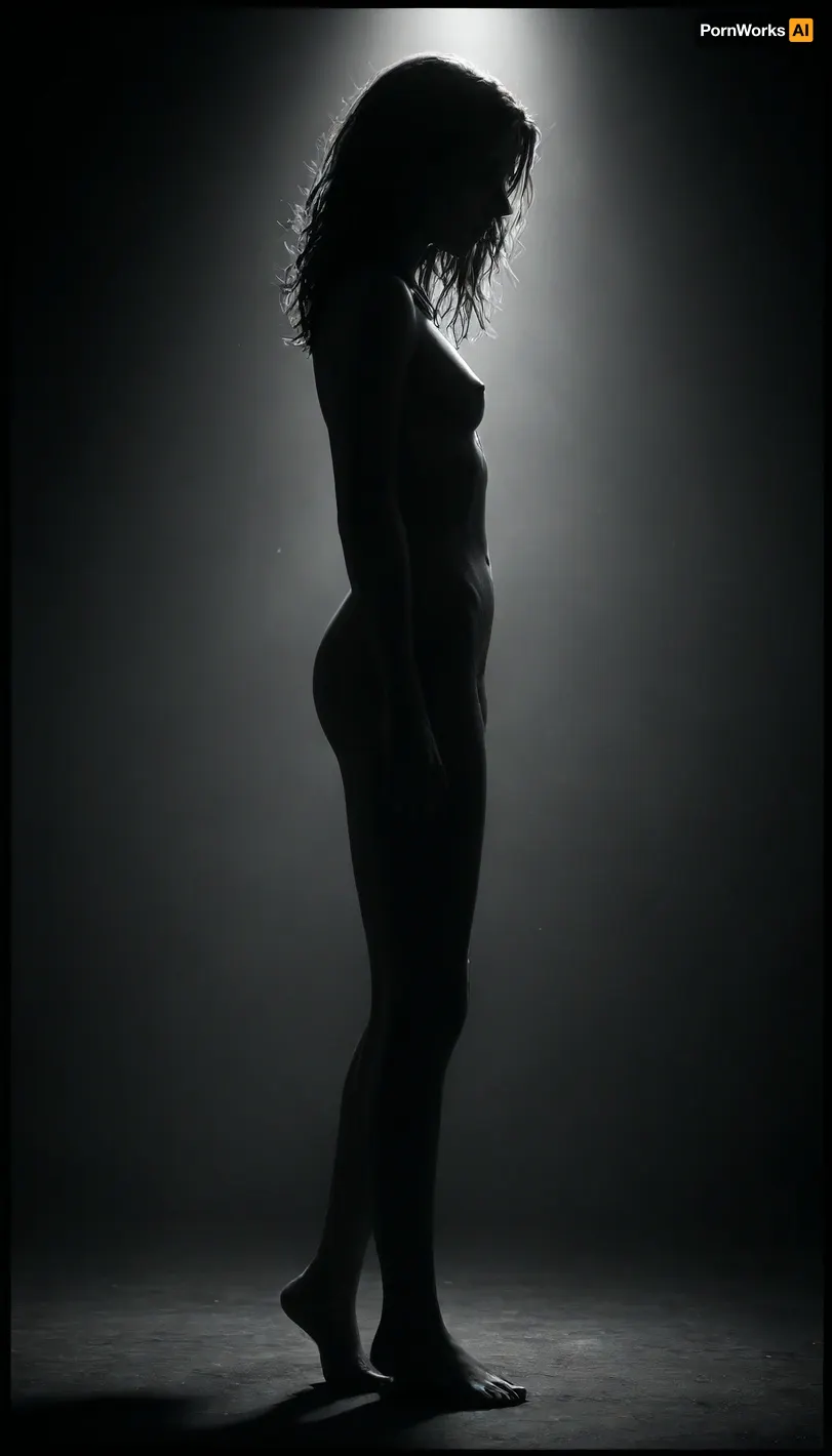 (masterpiece, best quality, photorealistic), (black and white only:2), (distant composition:1.7), (dramatic soft lighting:1.5), (realistic skin texture:1.5), a nude woman standing upright far from the viewer, ((full body visible, legs straight, arms relaxed at sides:1.7)), ((small figure framed against endless darkness:1.8)), perspective wide and centered, soft monochrome glow outlining her form, background infinite and empty, atmosphere silent, sacred, cold, <lora:ral-chrosc-bw:1>, <lora:dark:.5>