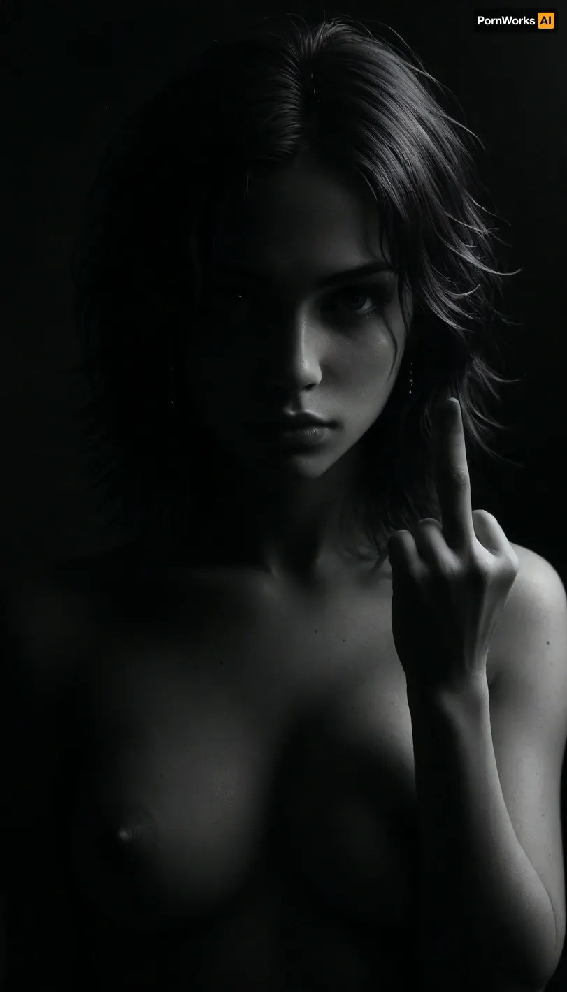 (masterpiece, best quality, photorealistic), (black and white only:2), (dramatic focused lighting:1.5), (realistic shading:1.5), (intimate atmosphere:1.3), "A nude woman stands facing forward, one hand gripping her bare breast firmly, the other raised in calm defiance with her, (middle finger:1.3), extended toward the viewer, messy hair spilling over her shoulders, soft muted light tracing the tension of her body, her expression silent, fearless, sacred in monochrome breath.", <lora:ral-chrosc-bw:1.5>, <lora:dark:.5>