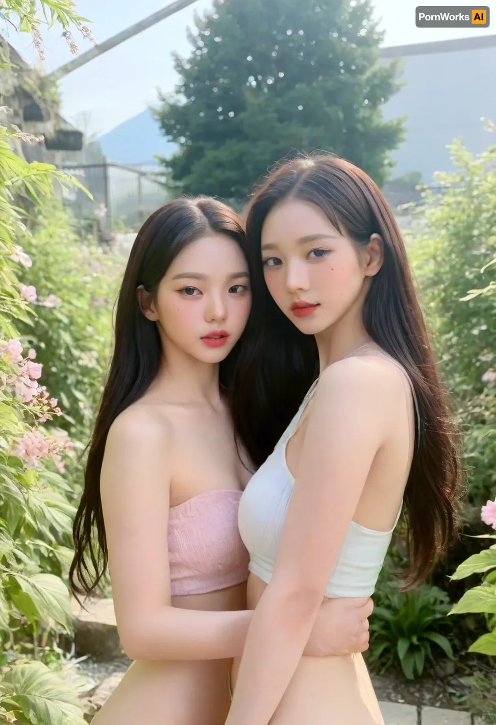 Two Korean women in their 20s, yujimin, JANG_ICE, <lora:yujimin_v10:.8>, <lora:JangWonyoung_SDXL:.8>, Nude, Upper body photos, A garden in bloom, Bright light, Pose for the camera
