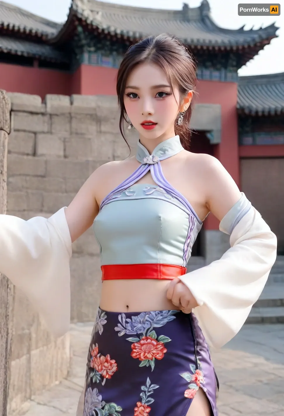 A 20-year-old Korean woman wearing traditional Chinese clothing, In front of the Chinese traditional castle, yujimin, Full body photo, pointed face, big eyes, white skin, red lips, Bright sunlight on the left, braless, Wearing, clothes, that, make, sense, with, Braless>, Latexstraitjacket, qipao1, cheongsam, Chinese traditional earrings, Pose with your arms spread out, <lora:yujimin_v10:1>, <lora:bralessSDXL_v1_00022:.8>, <lora:Latexstraitjacket_XL_0_:.4>, <lora:qipao1_XL_reg1_-000004:.3>
