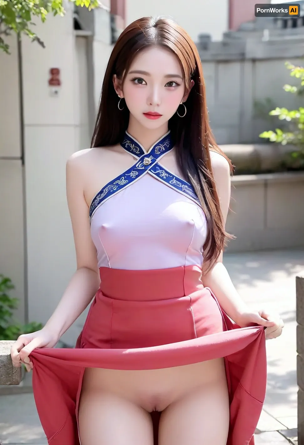 A 20-year-old Korean woman wearing traditional red Chinese clothing, In front of the Chinese traditional castle, yujimin, Full body photo, pointed face, big eyes, white skin, red lips, Bright sunlight on the left, braless, Wearing, clothes, that, make, sense, with, Braless>, qipao1, cheongsam, Chinese traditional earrings, Pose with your arms spread out, <lora:yujimin_v10:1>, <lora:bralessSDXL_v1_00022:.8>, <lora:qipao1_XL_reg1_-000004:.3>, skirtlift, <lora:skirtlift_xl:.8>, Pink pussy with hair, big clitoris