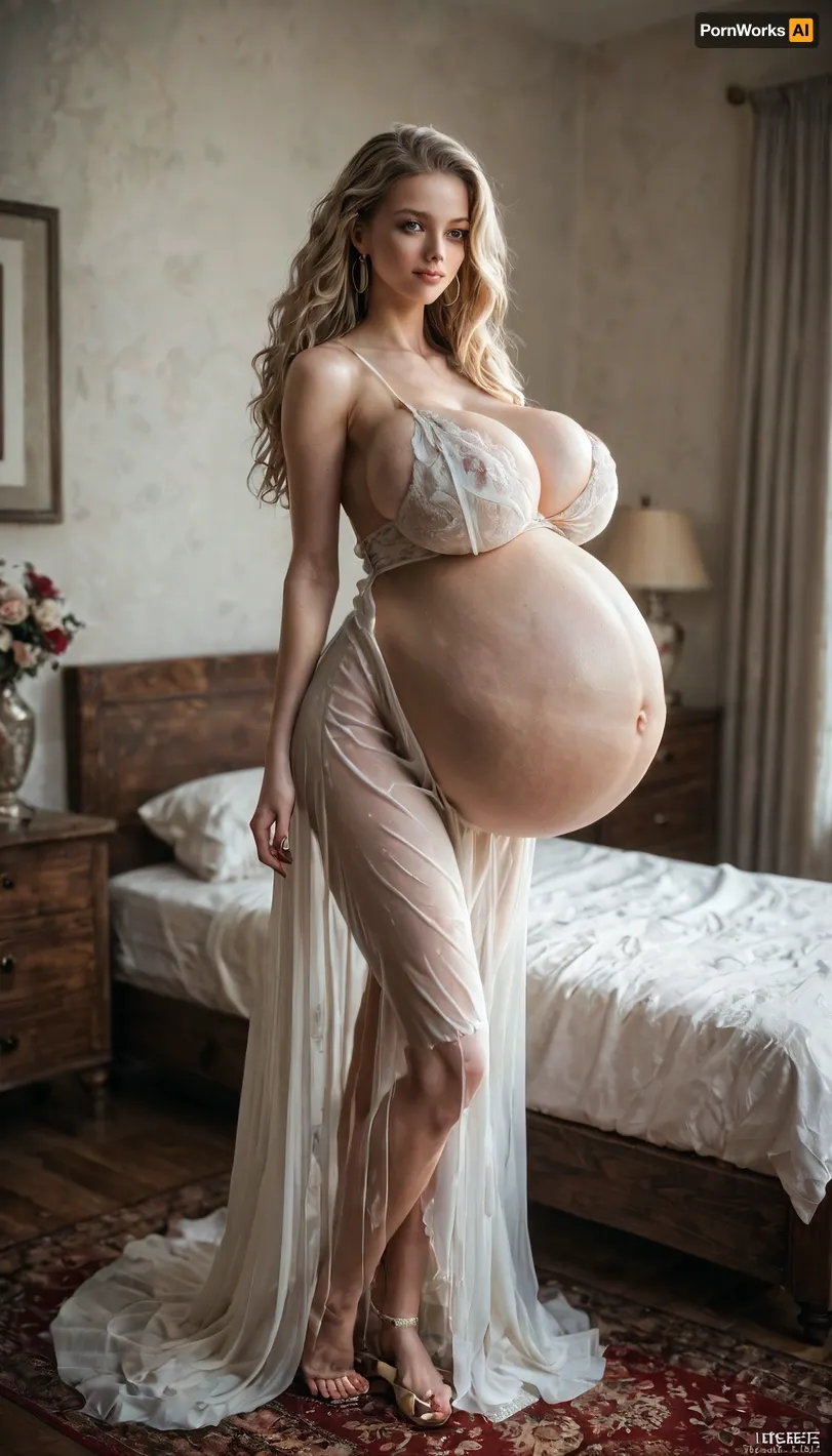 Massive pregnant belly, extremely long blond hair, fully body view, sexy neglige, super hyper pregnant, in a bedroom, standing, super skinny body, hyper skinny legs, hyper skinny arms, massive breasts, massive pregnant belly, Long, hair, <lora:246141_training_data:1.3>, <lora:SDXL_long_hair_Sa_May:1.1>