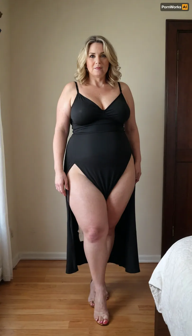 bbw fat mature milf with a big fat ass, a fat belly, and slight cellulite is wearing a low-cut v-neck sleeveless spaghetti strap black sundress. Saggy. She has huge hips. She is walking into a bedroom