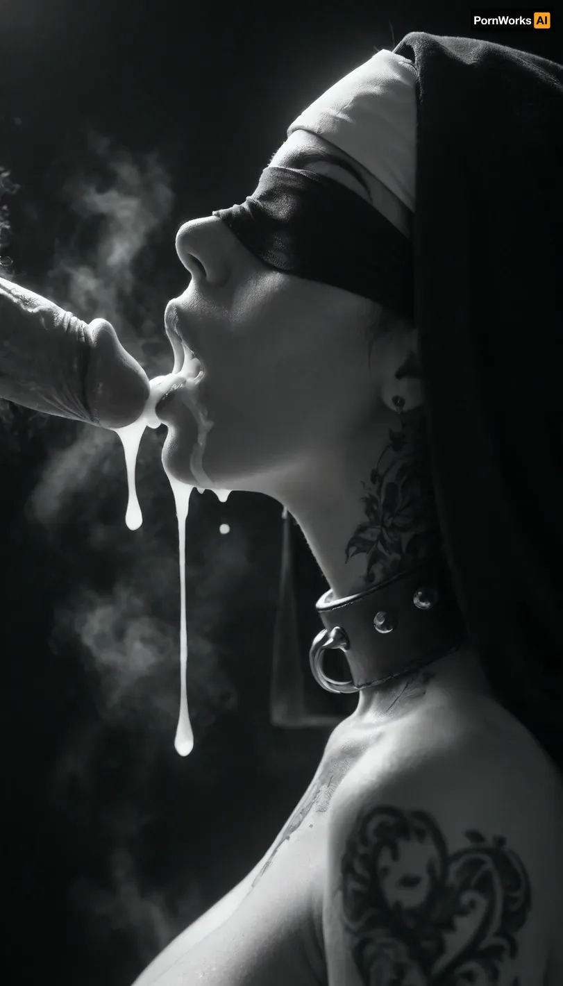 score_9, score_8_up, score_7_up, (white man), (close up), muscular, (steam on mouth:1.4), seven inches penis, (standing up straight), excessive cum, dripping on to girl, cum, (looks with love and happy), (((profile view))), cum shooting, cum dripping, (((nun))), (woman 20yo kneeling), (woman looking up at man), (ban haircut), (((black silhouette))), (((monochrome:1.9))), heavy natural droplets breasts, (black background), (collar with spikes), (black makeup), (tattoos on neck:1.5), (blindfolded:1.5), (plump lips:1.1), backlight, style, hair, light, <lora:206223_training_data:2>