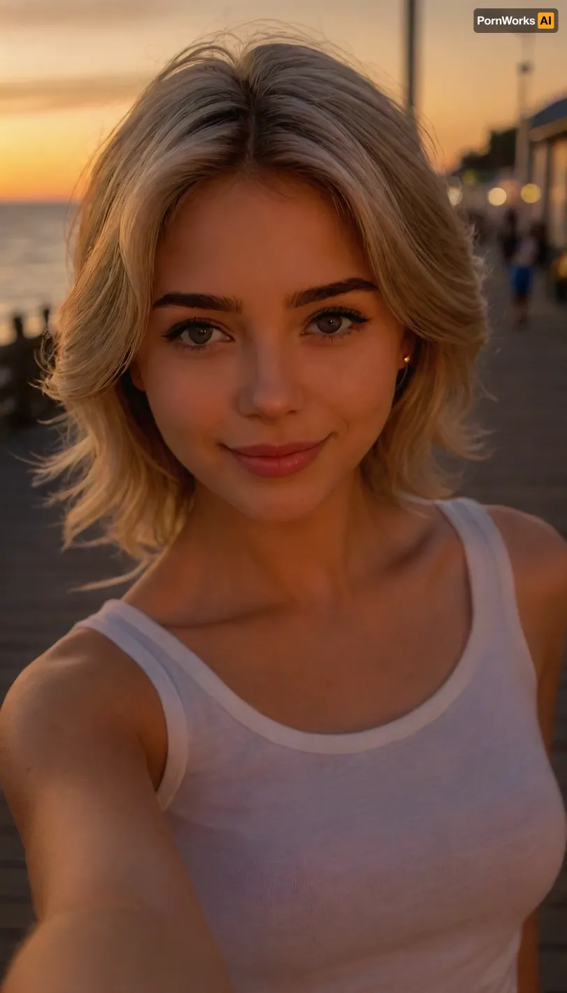 (masterpiece:1.2), (best quality:1.2), (ultra detailed:1.1), (highres:1.1), (beautiful college girl:1.3), (mischievous smile:1.2), looking at camera, taking selfie, (short ash blond hair, swept back hair style, voluminous textured waves), (ocean side boardwalk:1.1), soft natural light, (selfie pose:1.2), (arm extended:1.1), (phone in hand:1.1), (shallow depth of field:1.1), (bokeh:1.1), Canon EOS R5, EF 50mm f/1.2L USM, medium shot, (close-up on face:1.2), cinematic lighting, vibrant colors, realistic skin texture, (intricate details:1.1), (photorealistic:1.2), no blur, sharp focus, (natural skin:1.1), (youthful appearance:1.1), ziprealism, igbaddie, <lora:igbaddie-XL:.8>