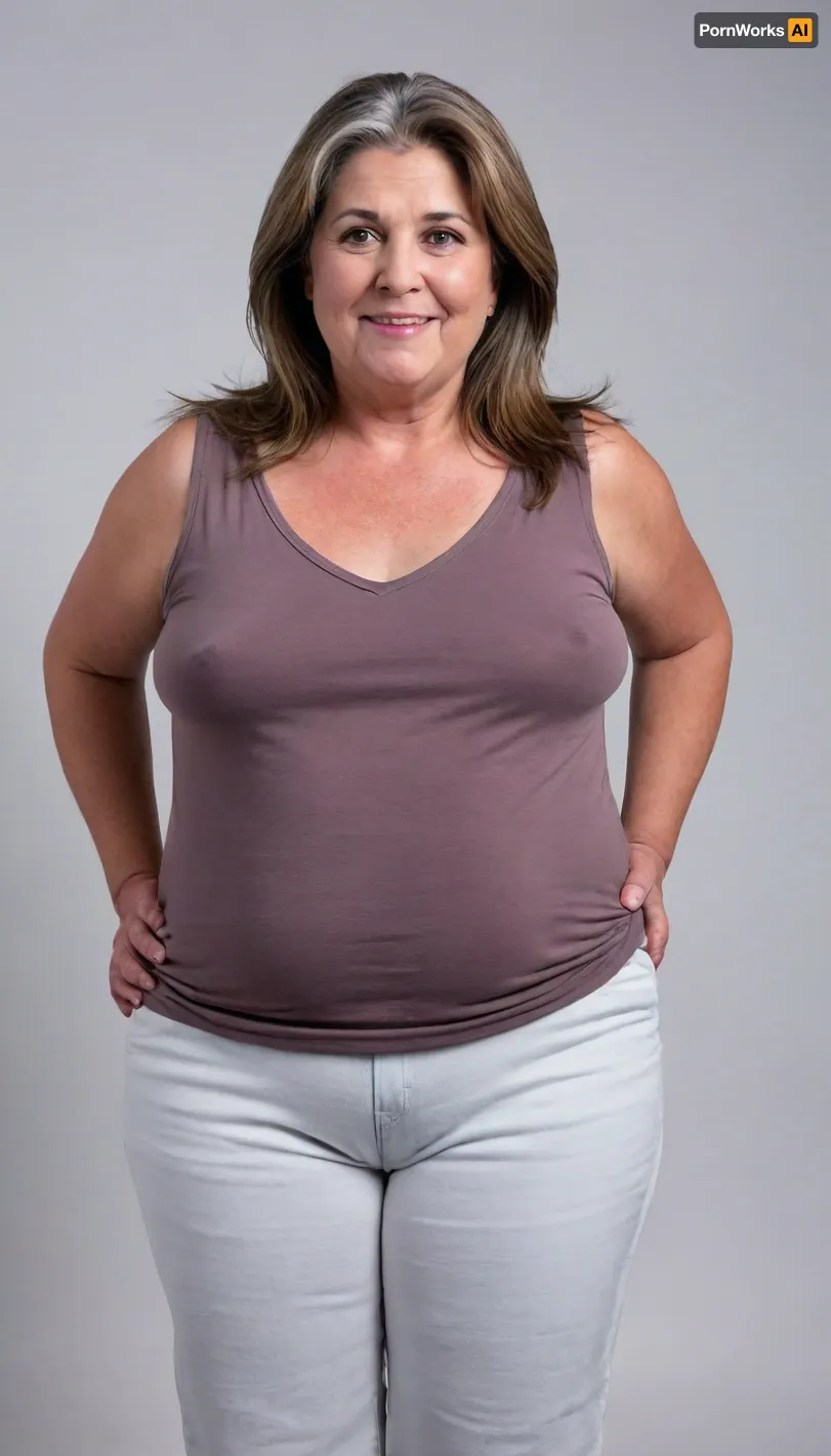 (Brunette Gilf:1.3), beautiful 60 year old woman stood in a, (photography studio:1.6), (perfect studio lighting), (obese:1.5), drooping, saggy, (smile:1.3), (full body shot), (detailed skin:1.8), (long brown straight hair with gray highlights:1.3), (big beautiful eyes:1.3), (detailed eyes), (chubby face:1.3), (wearing a lowcut v-neck sleeveless white T-shirt:1.4), braless, Wearing, clothes, that, make, sense, with, Braless>, <lora:bralessSDXL_v1_00022:.9>
