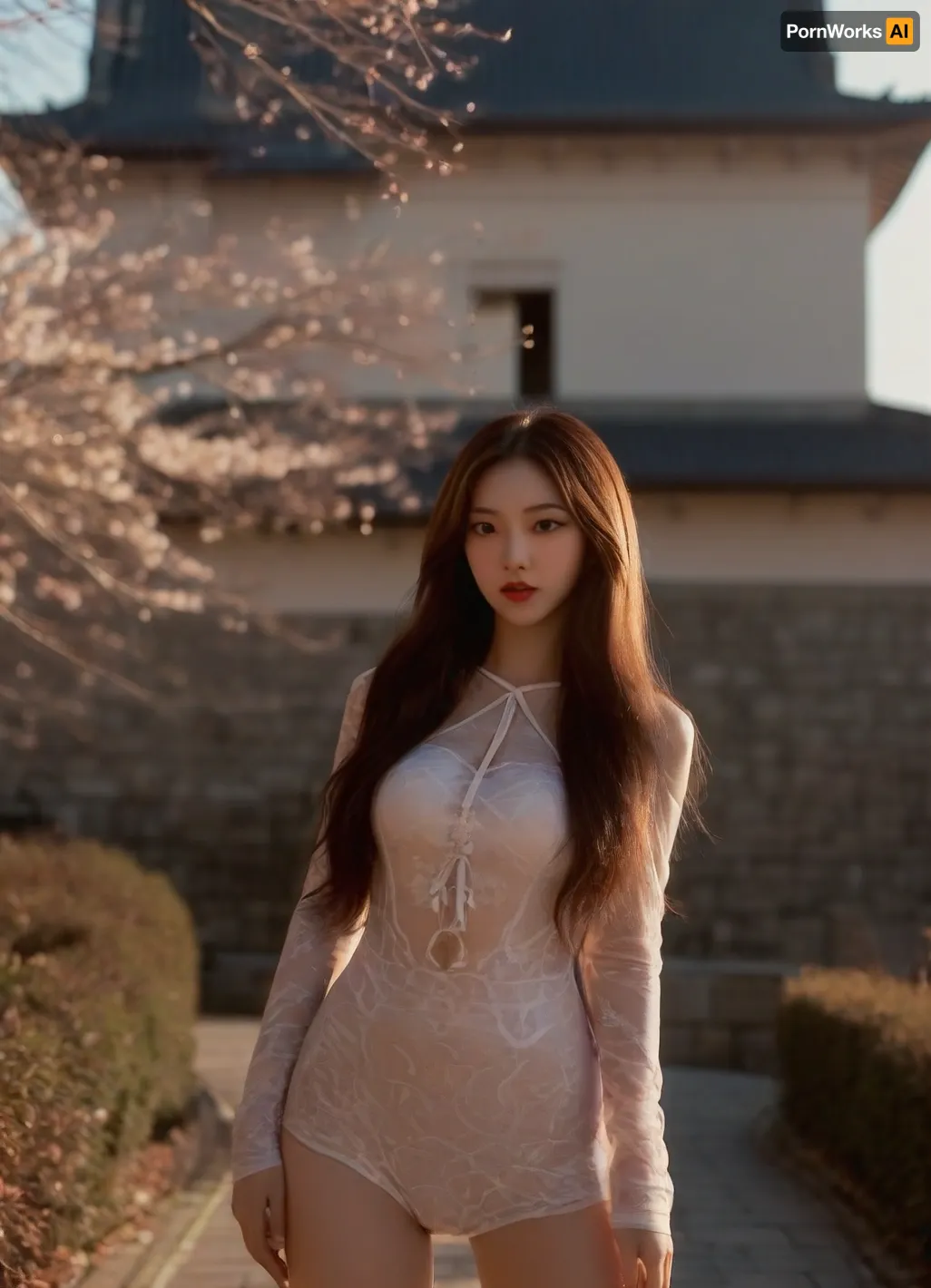 Perfect body proportions, highly detailed, (((super realistic))), Korean Idol, 20 years old girl, Blackpink style, brown long hair, White skin, Red lip, Pink nipples, pink pussy, hairy pussy, spread legs, Labia majora spread apart, vaginal opening visible, white Goddess dress, A gorgeous dress, A Japanese castle with cherry blossoms in full bloom, Big breasts, kar, kar1na, yujimin, <lora:yujimin_v10:.8>, ShineCurve_Apparel, one-piece-swimsuit, leggins, transparent, leotard, <lora:ShineCurve_Apparel-000009:.8>, Bright sunlight shines from the front, Glossy, bodysuit, intricate, pattern, <lora:Glossy suit XL:.8>