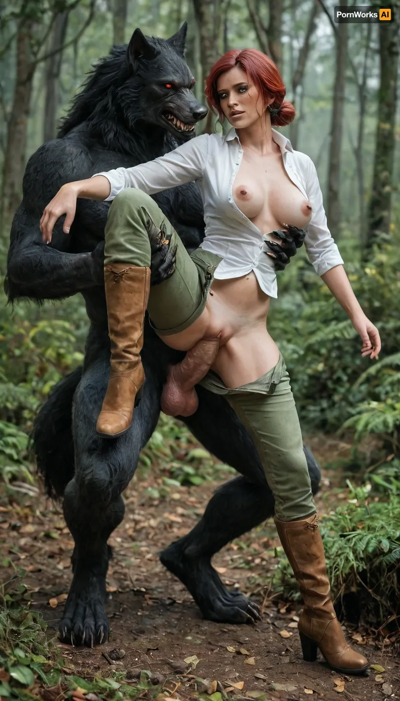 In a foggy forest, side view, full body view of female, (Triss Marigold from Witcher 3), (wearing unbuttoned white shirt, (green crotchless Pants), pussy visible, high leather boots), a werewolf try fucking her from behind, slim body, big flashing breasts, detailed bottom, fight, ((a werewolf cock sticks out between her legs)), (erect massive cock visible), looking at wiver, (((pussy jerking cock))), (the werewolf holding Tris by the thighs lifts her up, legs spread wide), ((no penetration))