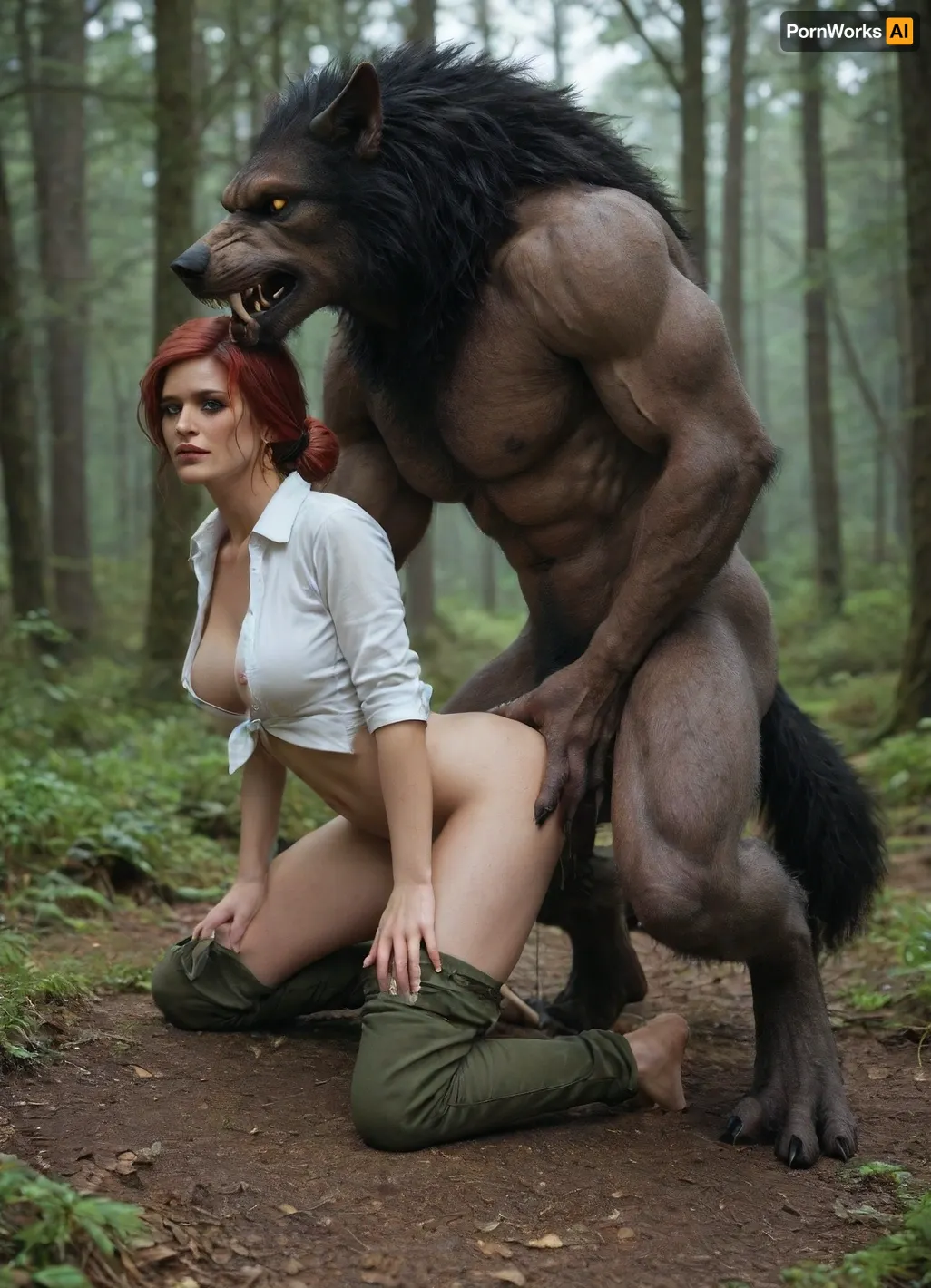 sex vaginal, In a foggy forest, side view, full body view of female, (Triss Marigold from Witcher 3), wearing unbuttoned white shirt, green crotchless Pants, a werewolf is fucking her in doggy style position, on tiptoe, one knee raised, slim body, blushing, big flashing breasts, very sweaty, huge creampie, detailed bottom, massive werewolf cock in pussy