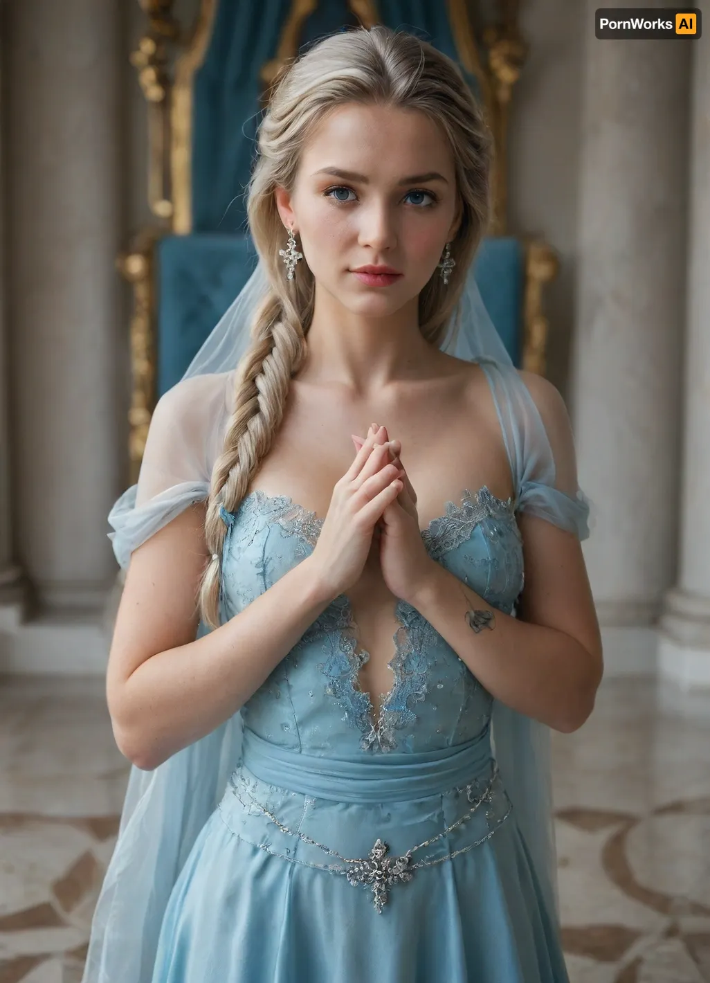 (masterpiece, best quality, photorealistic, ultra-detailed, highres, cinematic lighting), 1girl, 21 y.o., named Elsa Arendelle, long straight platinum blonde hair in a loose braid, ice blue eyes, Norwegian, soft cheekbones with light blush, curvy body with slim waist, medium breasts, and round hips, graceful and restrained, queen of Arendelle with ice magic, enjoys singing and creating ice sculptures, neutral expression, standing with hands clasped in front, small snowflake tattoo on wrist, wearing a long ice-blue velvet gown with silver embroidery and a flowing cape, in a grand throne room with ice accents and frosted chandeliers, <lora:add-detail-xl:1>