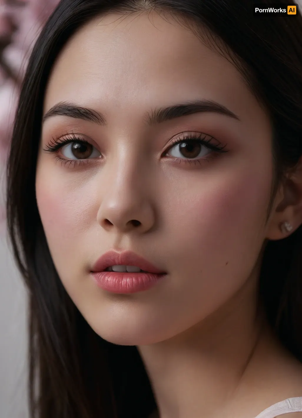 (masterpiece, best quality, photorealistic, ultra-detailed, highres, soft lighting), 1girl, 20 y.o., Japanese, porcelain skin, almond-shaped dark brown eyes, long straight black hair with cherry blossom pins, delicate arched eyebrows, small nose, full lips with natural pink tint, serene expression, close-up portrait, no tattoos, wearing subtle red lip gloss, in a minimalist background with soft pink gradients, <lora:add-detail-xl:2>