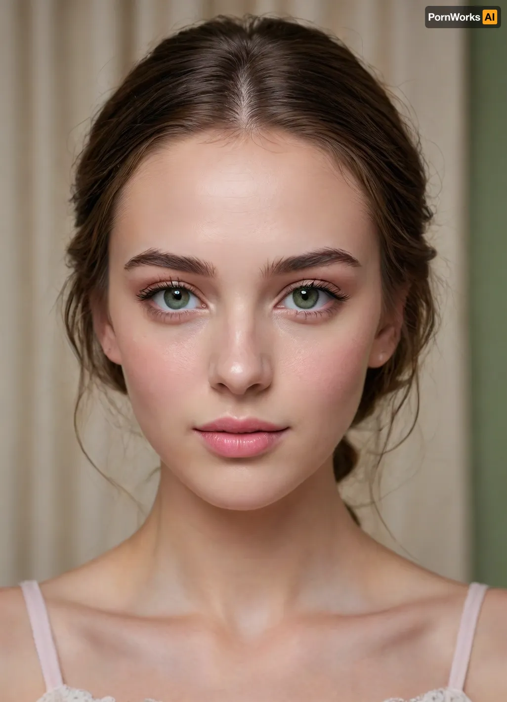 (masterpiece, best quality, photorealistic, ultra-detailed, highres, soft lighting), 1girl, 18 y.o., Belgian, heart-shaped face with soft features, thick arched eyebrows, large grey-green eyes with long thick eyelashes, straight medium-length nose, plump glossy lips with natural pink hue, high cheekbones, soft round chin, smooth fair skin with peach undertone, few faint freckles on nose, straight white teeth, subtle makeup with winged eyeliner, centered face, symmetrical, sultry gaze, shoulder-length wavy light brown hair framing face, in a softly blurred gradient background, <lora:add-detail-xl:2>