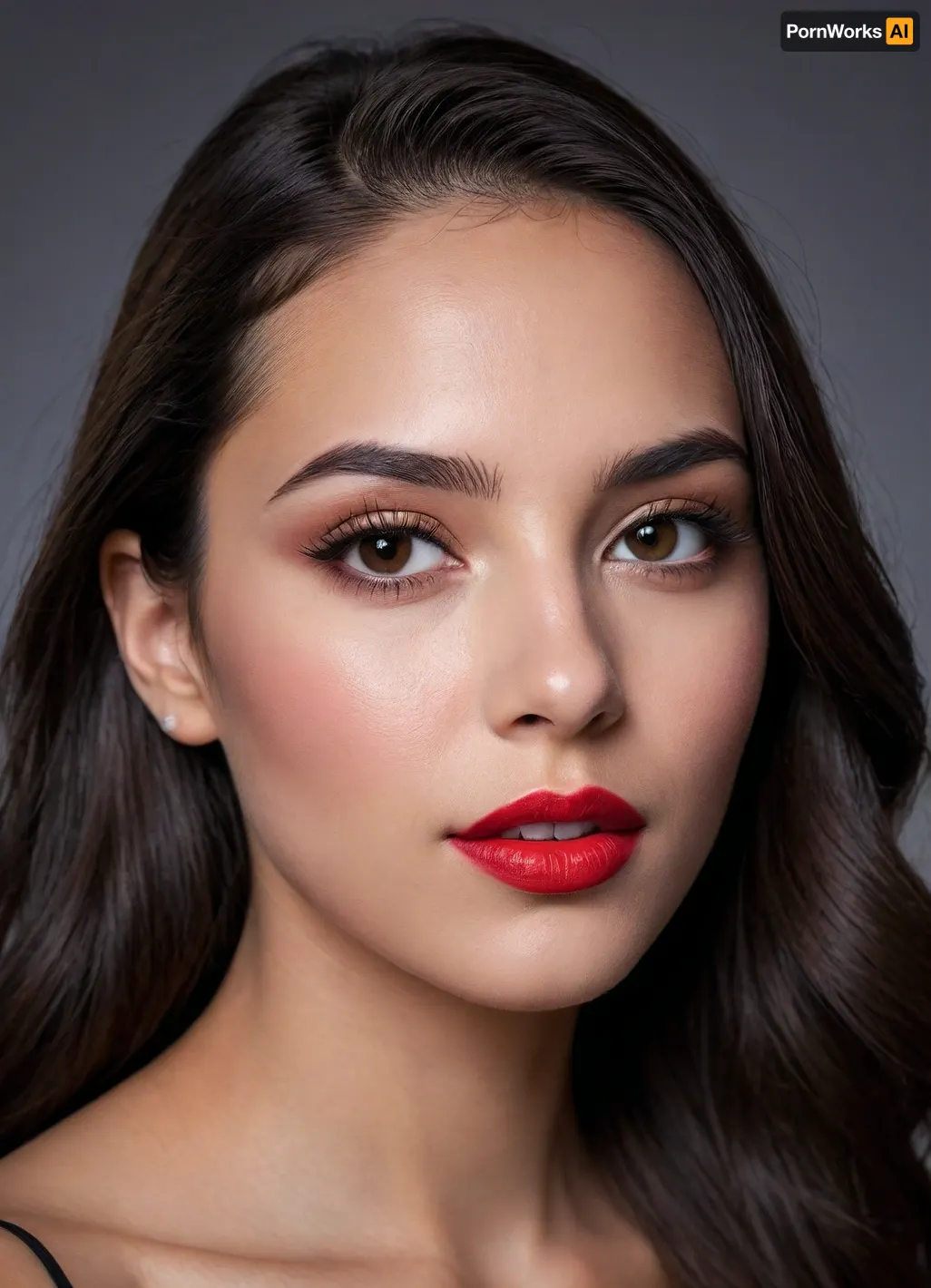 (masterpiece, best quality, photorealistic, ultra-detailed, highres, soft lighting), 1girl, 18 y.o., Serbian, oval face with refined features, thick arched eyebrows, almond-shaped dark brown eyes with long thick eyelashes, straight nose with delicate tip, very plump glossy lips with bright scarlet hue, high cheekbones, soft chin, smooth olive skin with subtle glow, single mole above lip, straight white teeth, bold makeup with smoky eyeshadow and red lipstick, centered face, symmetrical, teasing glance, long wavy black hair framing face, in a softly blurred gradient background, <lora:add-detail-xl:2>