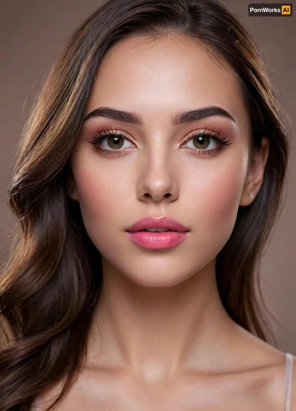 (masterpiece, best quality, photorealistic, ultra-detailed, highres, soft lighting), 1girl, 18 y.o., Bulgarian, oval face with expressive features, thick arched eyebrows, almond-shaped hazel-green eyes with long eyelashes, small straight nose, very plump glossy lips with bright pink hue, high cheekbones, slightly pointed chin, smooth olive skin with warm undertone, single mole on cheek, straight white teeth, bold makeup with winged eyeliner and glossy lipstick, centered face, symmetrical, sultry parted lips, long wavy dark brown hair framing face, in a softly blurred gradient background, <lora:add-detail-xl:2>