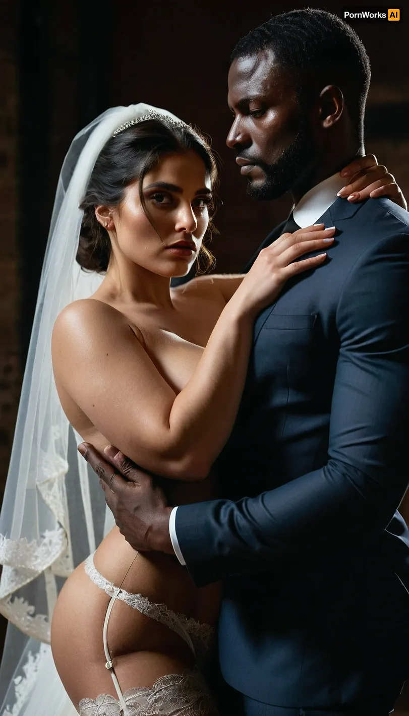 interracial, Curvy Iranian bride in a sheer bridal veil, nude except for lace stockings and garter, her body bent backward in a submissive arch, one arm raised in a vulnerable gesture while her other hand is held tightly by her dominant black skin groom in a sleek black suit. His strong arm encircles her waist, pulling her closer as he leans in, his other hand gripping her jaw with force, his gaze full of command. Her eyes are heavy with a combination of defiance and desire, as her lips slightly part, caught between resistance and submission. The background is minimal and dark, with heavy shadows falling on their intertwined bodies, the cold metal and harsh lighting adding to the visceral tension and raw emotional power of the scene.