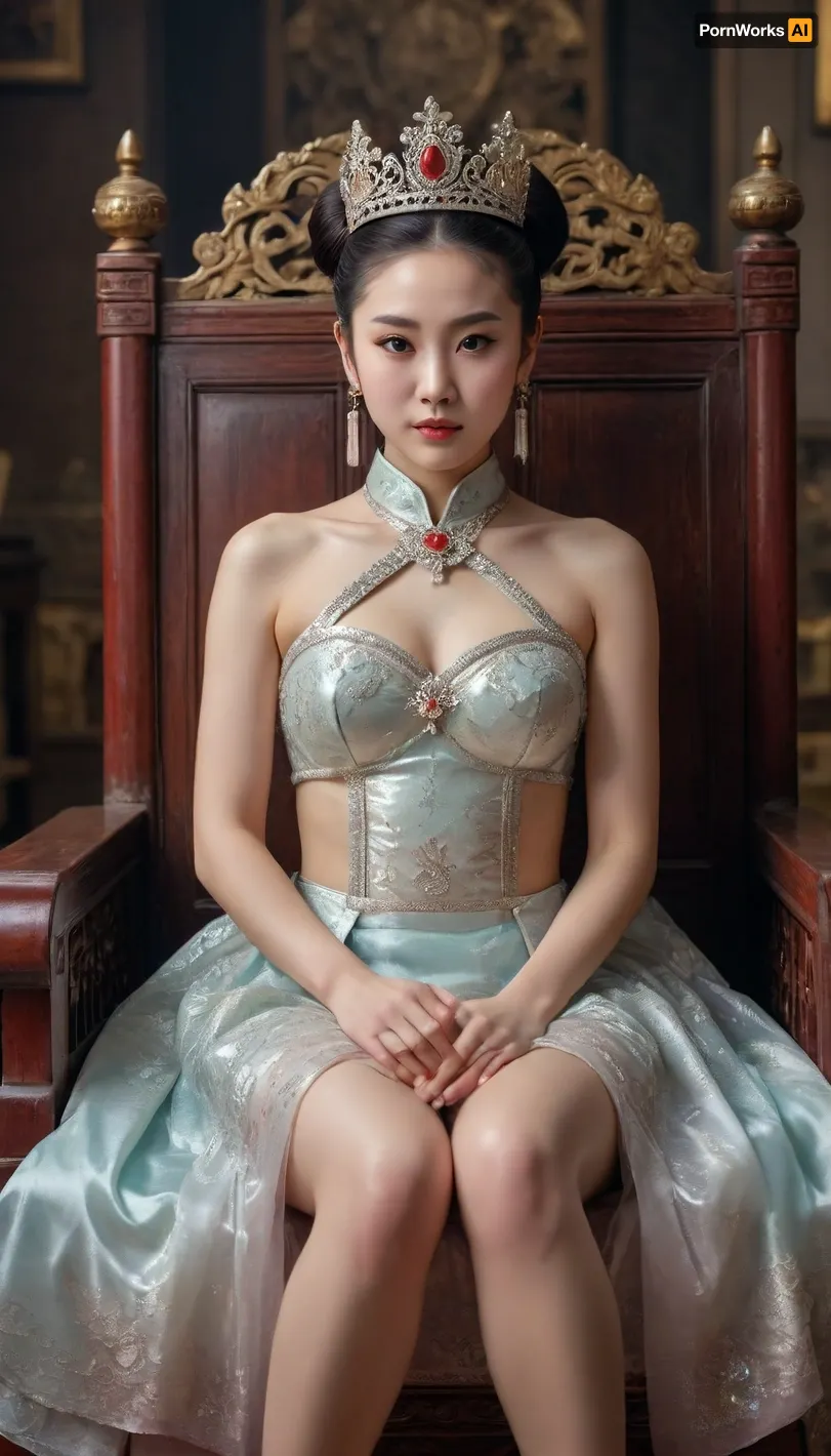 A Chinese princess in national clothes, her hair tied up in a bun, a tiara on her head, surrounded by her vassals, sits on a throne with her pussy exposed, legs wide apart