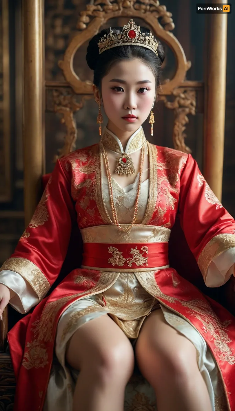 A Chinese princess in national clothes, her hair tied up in a bun, a tiara on her head, surrounded by her vassals, sits on a throne with her pussy exposed, legs wide apart, <lora:Midjourney Image Enhancer XL v1:.8>