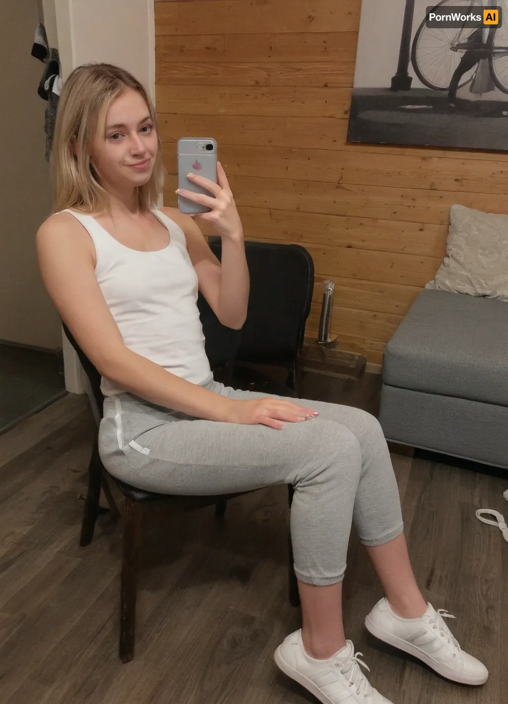 A young woman sits on the floor, taking a selfie in a rustic wooden room.
The image shows a fair-skinned young woman with shoulder-length blonde hair sitting cross-legged on a patterned rug in a room with wooden walls and ceiling. Cute face. She's wearing a white tank top, dark sweatpants, and dark-colored Adidas sneakers. The woman holds a light pink or peach-colored smartphone, taking a selfie. The room is simply furnished, a partially visible television and a bicycle lean against what looks like a dresser or cabinet in the background. There are some tools or wires scattered on the floor near the bicycle. The atmosphere is casual and somewhat untidy, giving a sense of relaxed intimacy. The lighting is warm and slightly dim, creating a cozy, though slightly messy, mood. The overall feeling is one of comfortable informality. The wooden walls and ceiling create a rustic, possibly slightly older, homey feel. The reflection is shown in what looks like a mirror or wardrobe door, slightly distorting parts of the image. A pillow lies beside her on the floor. A piece of dark clothing is visible on a chair in the background, <lora:boringRealism_primaryV4:1>, <lora:Old_Digital_Camera:1>