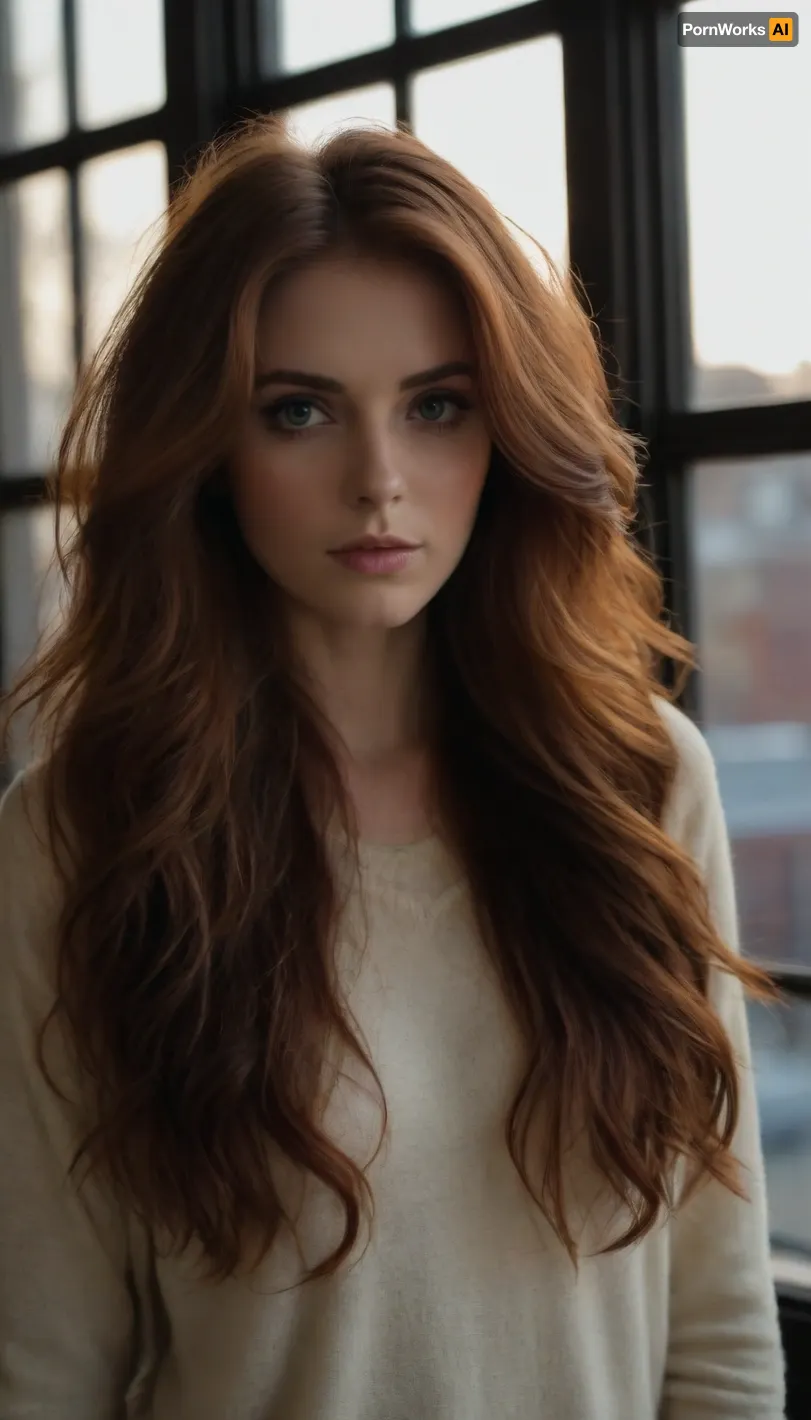 (charismatic girlfriend, effortless charm, mischievous expression, playful, spunky, feisty:1.4), (rich auburn hair with dark roots, long luxurious hair, thick voluminous hair:1.4), (avant-garde snapshot esthetic, soft focus, loose closeup:1.6), (artist loft, large industrial windows, morning sunlight, natural lighting, warm lighting, dappled light, shadow play:1.6), (cream colored sweater, casual sweater:1.4), (masterpiece, best quality, 8k, RAW photography, award-winning:1.2), (shallow depth of field, professional color grading, HDR, uncompressed, RAW photograph), (natural skin texture, realistic skin details, subtle vellus hairs), (intricately detailed hair, natural hair texture), (expressive eyes, limbal ring, detailed iris texture, realistic eye texture), ziprealism