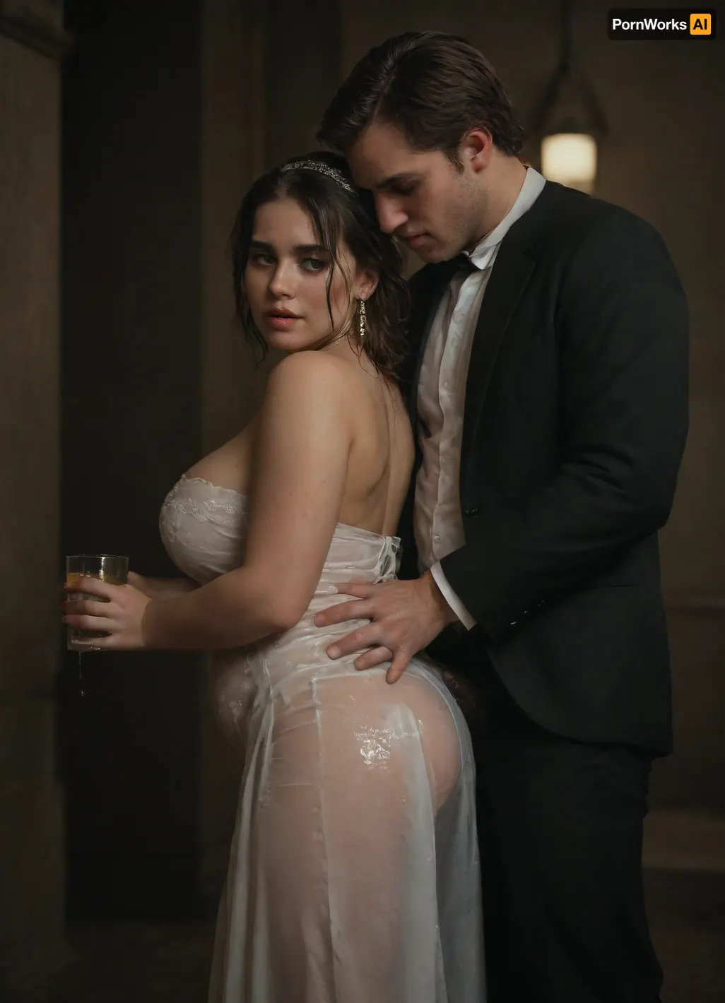 interracial, very large black penis, The happy chubby Persian bride in sexy wedding dress, piss driping bride's chain' piss driping from black penis, drinking piss from transparent cup, there is glossy and foamy and golden piss in cup, ((cup full of golden piss)), piss swallowing, ((gokkun)), ((white skin man in suit hugs her from behind in romantic way)), piss dripping from the corners of her lips, soakingwetclothes, <lora:dark:.5>, <lora:677862_training_data:.8>, <lora:soakingwetclothesXL:.8>, romantic_couple_poses, <lora:1365620_training_data:.8>
