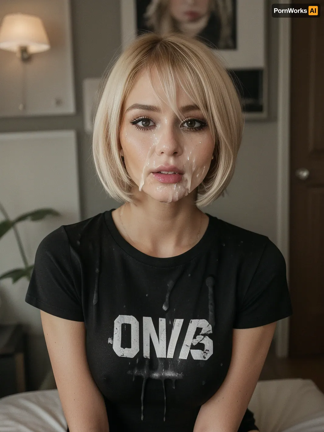 1milf, 35yrs, cute, blonde, bobcut, swedish, busty, cum on shirt, black tshirt with cum on, cum on face, shocked, solo, RAW photo, beautiful, subject, 105mm professional photography, 8k uhd, dslr, soft lighting, high quality, film grain, Fujifilm XT3, sexy pose, home, short t-shirt, salva, <lora:facialized:.8>