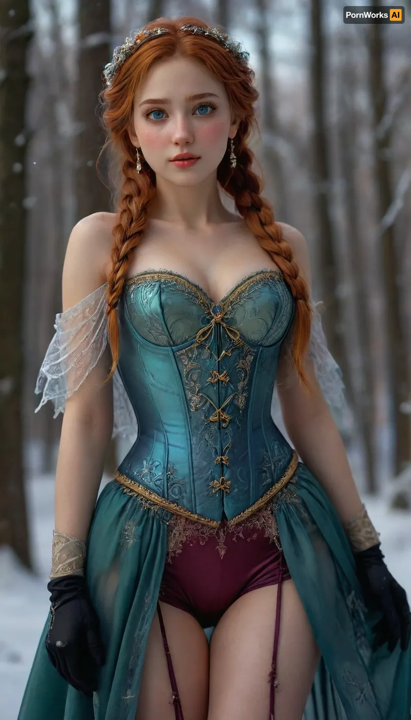 (masterpiece, best quality, highres, photorealistic), 18-year-old girl inspired by Anna from Frozen, sexy fantasy reimagining, petite and fit figure with soft pale skin, short tight-waisted corset in royal navy and gold embroidery barely covering her full perky breasts, erect nipples visible through the thin fabric, revealing deep cleavage framed by the corset lines, wearing a sheer teal skirt split open to both sides, exposing her smooth bare legs and crotch, shaved and glistening pussy visible beneath the flowing translucent fabric, pink labia subtly outlined, tight and neat anus centered and clean, loose dark rose-red cape draped behind her shoulders, small snowflakes glistening on the fabric, thin black gloves pushed halfway down her arms, her soft red-auburn hair tied in two playful braids falling over her chest, loose strands framing her youthful, flushed face, glowing green eyes wide and expressive, long lashes, glossy pink parted lips, gently blushing cheeks, seductive smile, standing with one foot slightly forward in snow-covered forest ruins, her hand lifting the front of her split skirt, head turned slightly toward viewer, background glowing with enchanted blue mist, shimmering frosty trees, and icy crystalline arches catching ambient moonlight, snowflakes caught in her lashes and braids, cold breath softly visible, soft magical lighting, ultra-fine texture on snow, cloth and skin, (ultra-detailed face and eyes:1.2), HDR, realistic anatomy, no distortions, (detailed enchanted snow background:1.3), <lora:PerfectEyesXL:1>, <lora:add-detail-xl:.8>, <lora:detailed_notrigger:.8>