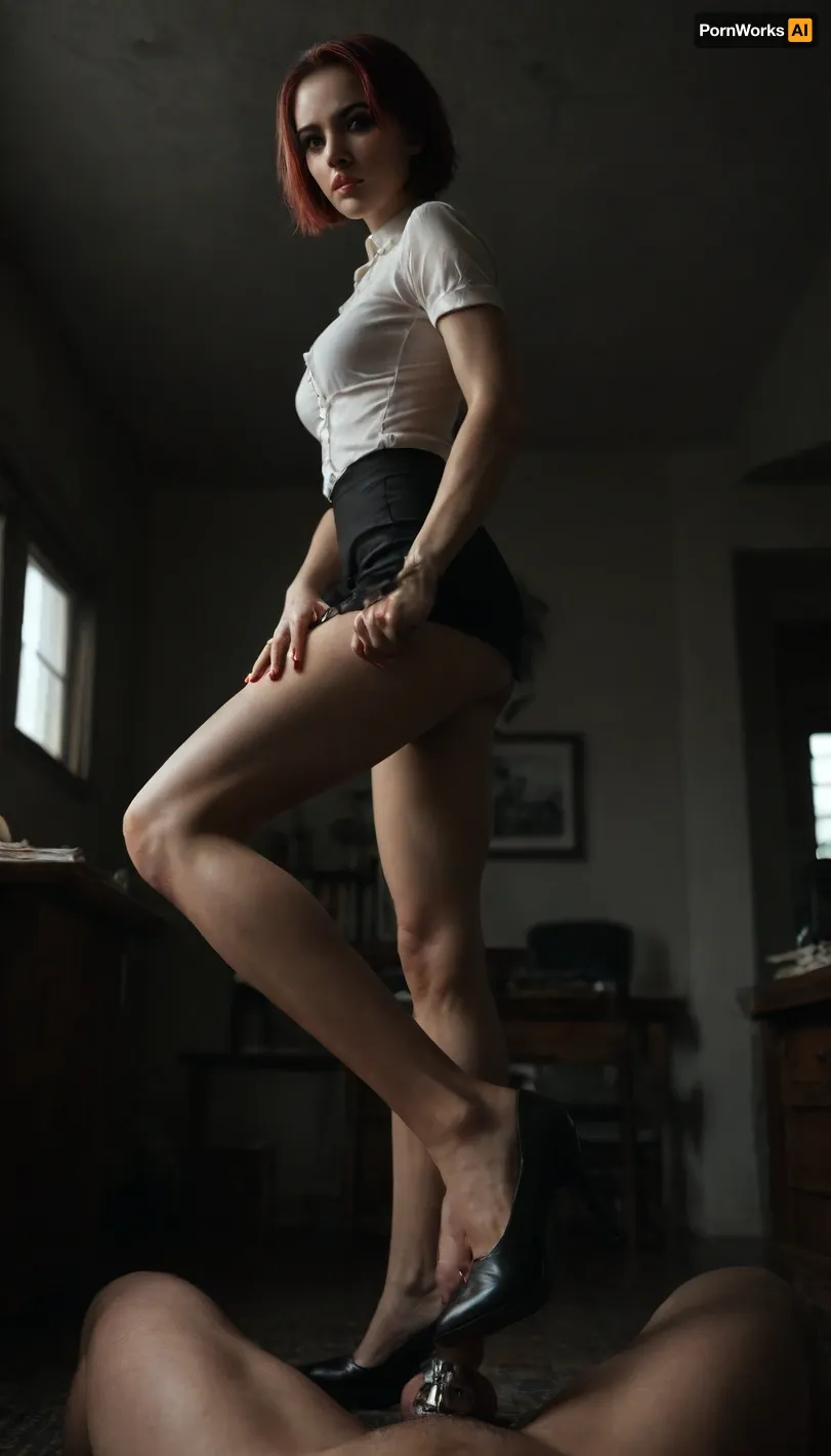 side view, Standing foot job with one leg, score_9, score_8_up, score_7_up, (slim:1.4), (realistic), 4K, (leaning to viewer:1.4), (short red wild hair:1.3), (muscular legs:1.4), (black heels:1.4), (natural tshort black skirt:1.1), (white blouse:1.1), highly detailed, detailed face, detailed legs and feet, bdsm room, low dim light, hands on her waist, red feet nails, pov, Below, Sexuality, low_angle_human, footstomp, barefoot, feet, foot, focus, soles, toes, very very small penis, foreshortening, view, from, below, chastity cage, (((penis is locked in chastity cage))), upskirt view, nude vagina, naked pussy, wicked, angry face, (sexy makeup:1.3), femdom, five fingers, large full lips, wide jaw, snub-nosed, (milf), standing, domination, misstress, cruel, (perfect pussy:1.2), (office as background:1.2), harness, garter, straps, cupless, bra, <lora:Harness_Straps_sdxl:1>, <lora:dark:.5>, <lora:602270_training_data:.8>