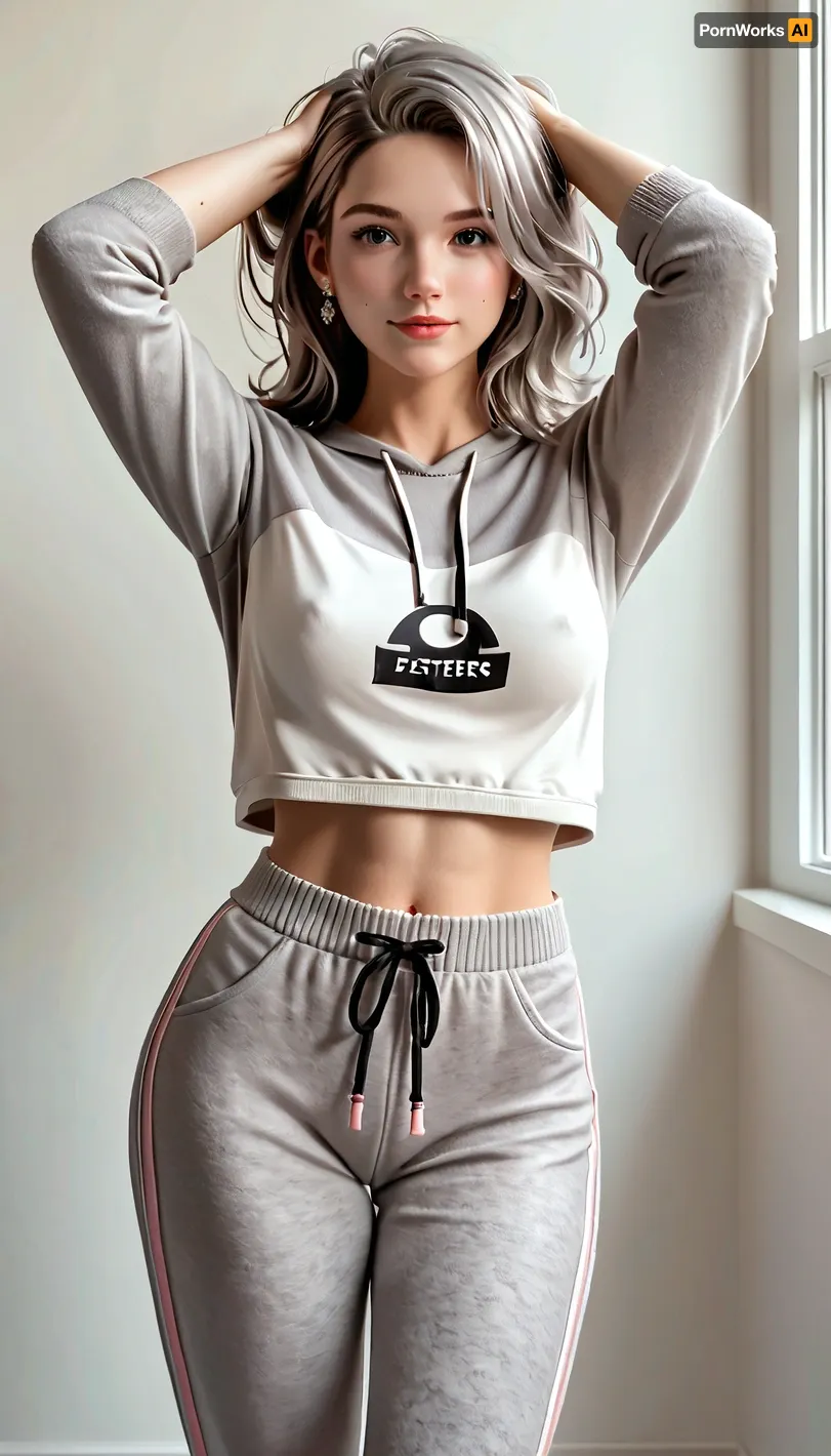 50yo brunette with streaks of gray hair, medium breasts, (gray sweatpants extreme sort on hipsters revealing pubic hair, short gray sweatshirt, up to half a breast), white and pink sneakers, hands in hair above head, standing in kitchenfantasy, intricate, elegant, highly detailed, digital painting, artstation, concept art, smooth, illustration, art by artgerm and greg rutkowski and alphonse mucha, in the style of a WLOP