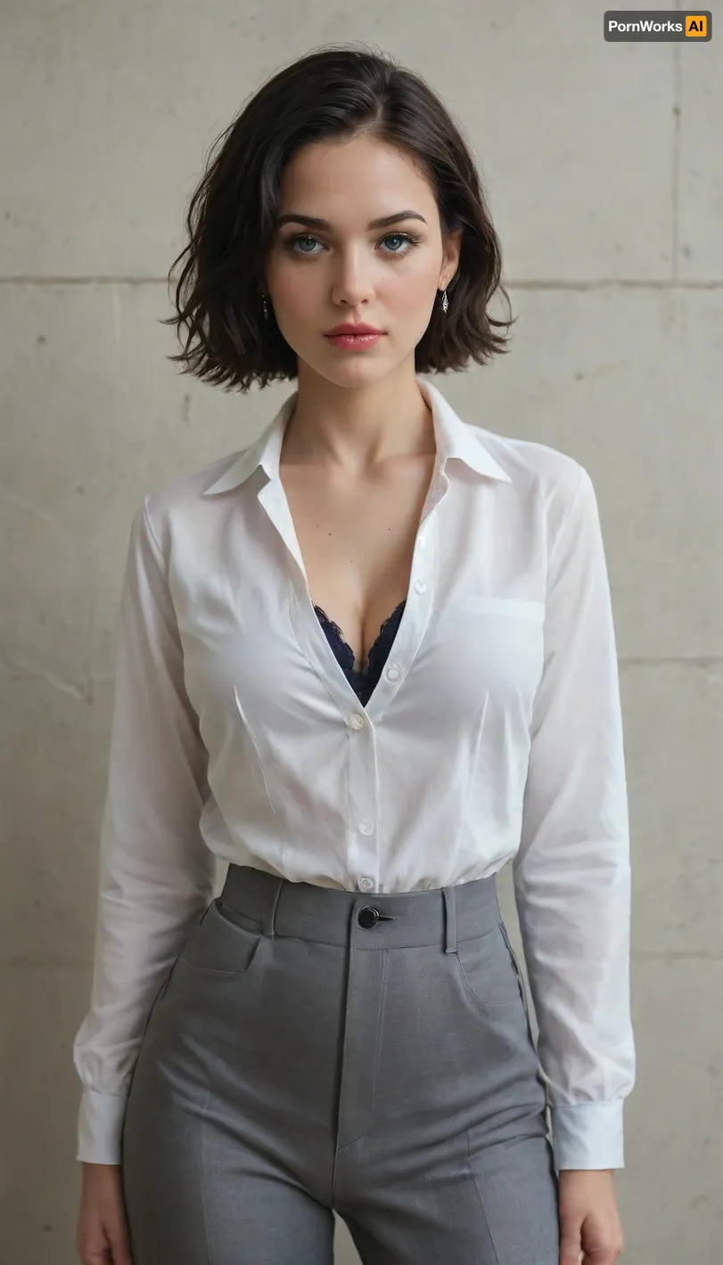 1girl.

Image of a woman standing near the concrete wall. Her blouse is slightly unbuttoned.

adult, breasts, Breast implants, cleavage, black hair, short hair, grey blue eyes, detailed iris, captivating eyes, (eyeliner:.75), (lipstick:.5), (eyeshadow:.7), eyelashes, athletic body, grey trousers, bra, underwear, white blouse, slim blouse, office clothes, relaxed face, model pose.

perfect lighting, simple background.

professional photo, masterpiece, absurdres.