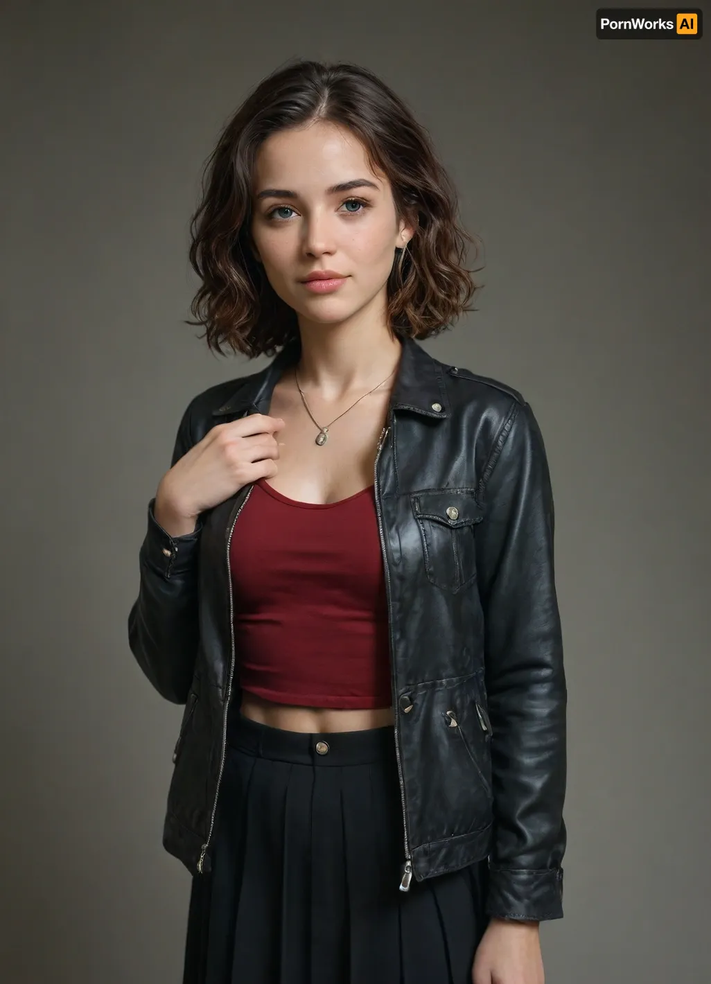 A young woman, likely in her late teens or early twenties, of average height and build, is seen in the image.

1. Personal Appearance
Her facial features include a rounded face shape, expressive eyes, a straight nose, and a gentle smile with full lips. Her hair is shoulder-length, dark brown, and wavy, styled in loose waves. Her skin tone is light to medium, and there are no noticeable distinctive features or marks. She appears to have a slender build.

2. Clothing and Accessories
She is wearing a black leather biker-style jacket with a zipper closure and visible metal buttons. Underneath, she is wearing a burgundy-colored top, likely a dressy blouse with a textured, possibly pleated, or slightly draped design. No visible bottom wear or footwear is apparent. She is wearing a delicate, thin necklace, but details about the material or design are not apparent.

3. Expression and Posture
Her expression is pleasant and contemplative, looking slightly upward and to her right. Her posture is relaxed and natural, standing in a casual pose. There are no overt gestures or interactions with other people or objects visible in the image.

4. Overall Appearance
Her style leans toward a casual-chic aesthetic. Her outfit suggests a modern and slightly edgy appearance. Based solely on the image, it is difficult to definitively ascertain her profession or social role.
