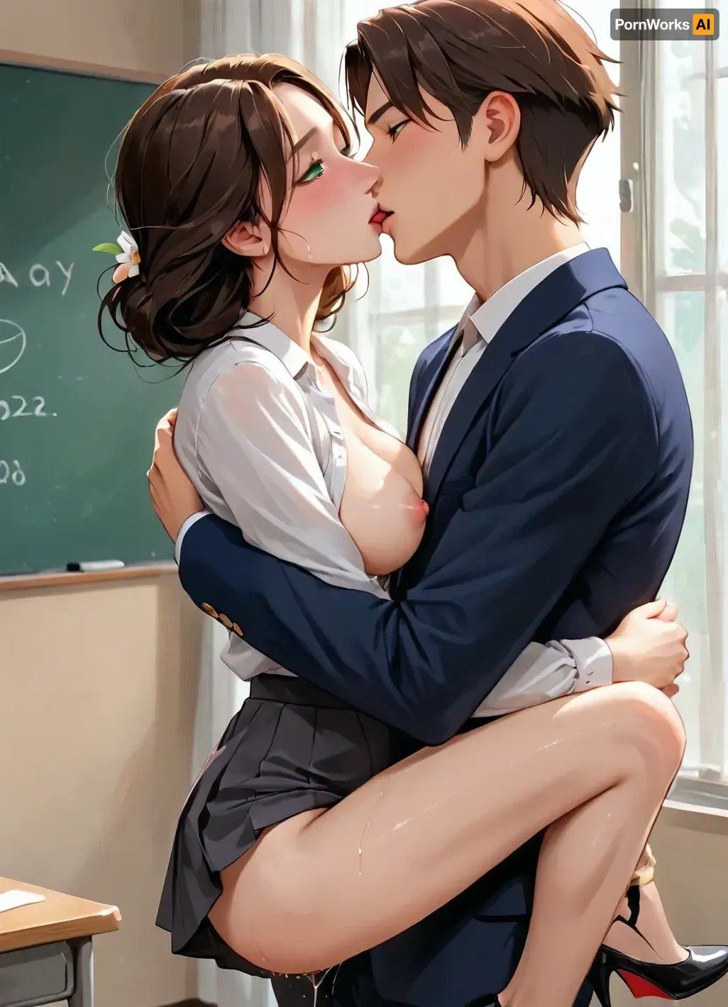 masterpiece, best quality, highly detailed, (anime:1.2), BREAK, (sideview, male college student is carrying female teacher in his arms, her arm around him as she is lying in his arms:1.4), ((a gorgeous 35 year old mature white female teacher being carried by a 20 year old male college student, she is held on her back in his arms, couple)), (she is French kissing and dry humping a male college student as he carries her in his arms:1.2), (natural D cup breasts, perfect nipples), wet shaved pussy, slim, athletic, gymnast body, (brown hair:1.1), (green eyes), (blushing), (she is wearing a black blazer, black pleated skirt, high heels, white blouse unbuttoned with her breasts exposed:1), (teacher is pregnant), (in a bedroom:1.2), <lora:Animated_Concept:1>