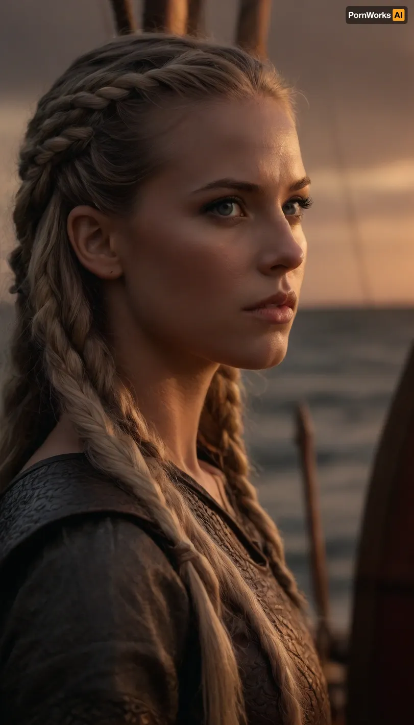 (Viking Drakkar, Viking long ship, viking ship:2), (Viking woman, Scandinavian warrior, Viking armor, fjord, sunset, stormy seas1.6), (avant-garde snapshot esthetic, full body shot, cinematic lighting, portrait in profile, rule of thirds:1.5), (masterpiece, best quality, 8k, RAW photography, award-winning), (sharp focus:1.5), (hyper feminine features, lightly bronzed tan skin:1.4), (fierce woman:1.4), (intricate eye details, vivid eyes, stunning eyes:1.4), (long delicate eyelashes, subtle natural look makeup:1.4), (textured ash blonde hair with dark highlights, intricate and elaborate braids:1.4), (shallow depth of field, professional color grading:1.6), (softly blurred background:1.3), (natural skin texture, realistic skin details:1.5), (intricately detailed hair, natural hair texture:1.5), (expressive eyes, limbal ring, detailed iris texture, realistic eye texture:1.5), subtle vellus hairs, ziprealism