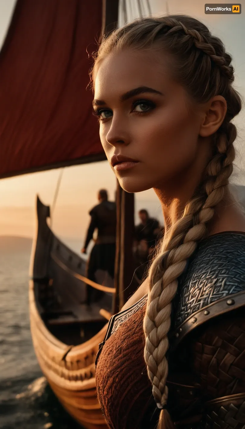 (Viking Drakkar, Viking long ship, viking ship:2), (Viking woman, Scandinavian warrior, Viking armor, fjord, sunset, stormy seas1.6), (avant-garde snapshot esthetic, full body shot, cinematic lighting, portrait in profile, rule of thirds:1.5), (masterpiece, best quality, 8k, RAW photography, award-winning), (sharp focus:1.5), (hyper feminine features, lightly bronzed tan skin:1.4), (fierce woman:1.4), (intricate eye details, vivid eyes, stunning eyes:1.4), (long delicate eyelashes, subtle natural look makeup:1.4), (textured ash blonde hair with dark highlights, intricate and elaborate braids:1.4), (shallow depth of field, professional color grading:1.6), (softly blurred background:1.3), (natural skin texture, realistic skin details:1.5), (intricately detailed hair, natural hair texture:1.5), (expressive eyes, limbal ring, detailed iris texture, realistic eye texture:1.5), subtle vellus hairs, ziprealism